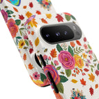 Autumn Floral Pilates Google Pixel Phone Case | Colorful Rainbow Pilates Cat on Falling Leaves