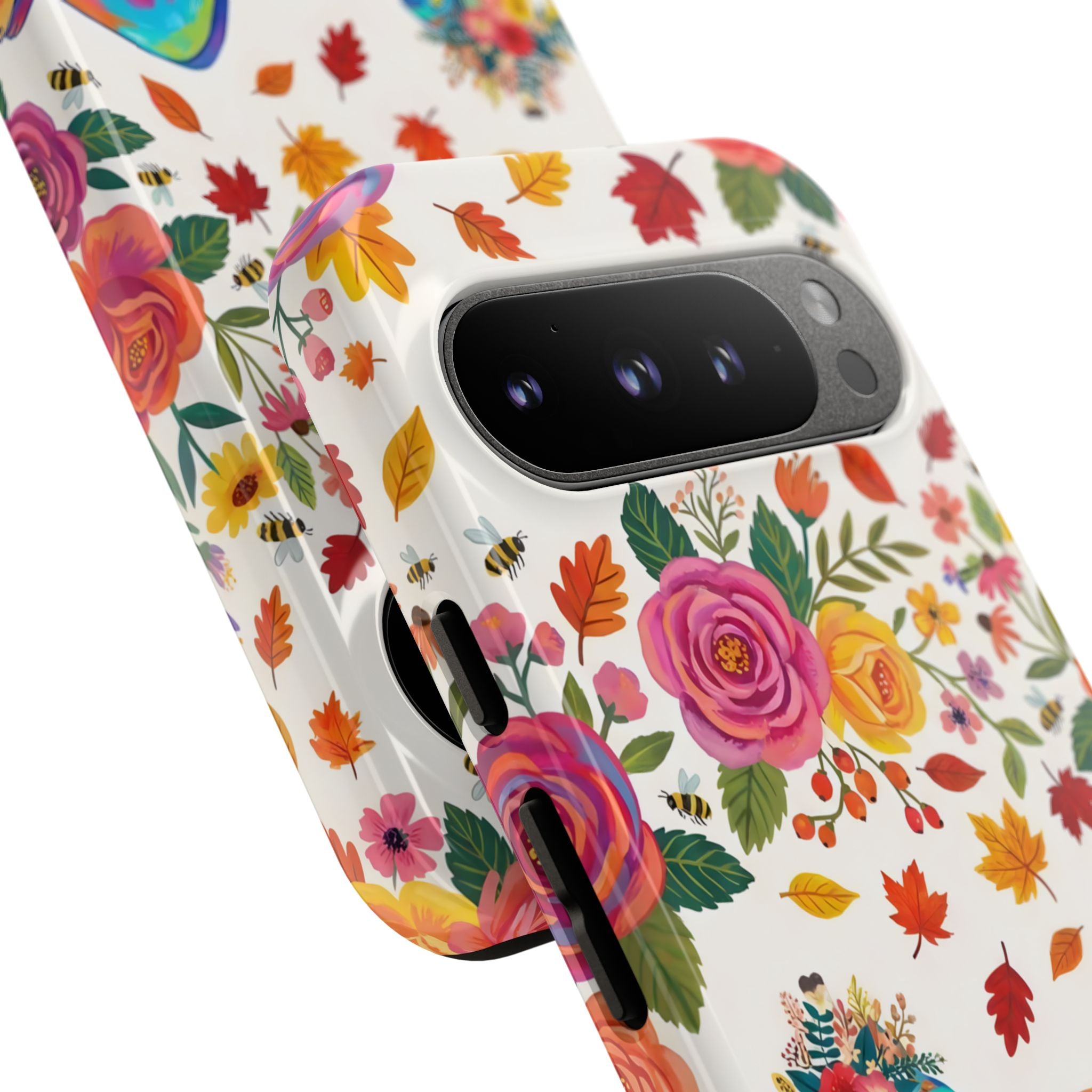Autumn Floral Pilates Google Pixel Phone Case | Colorful Rainbow Pilates Cat on Falling Leaves
