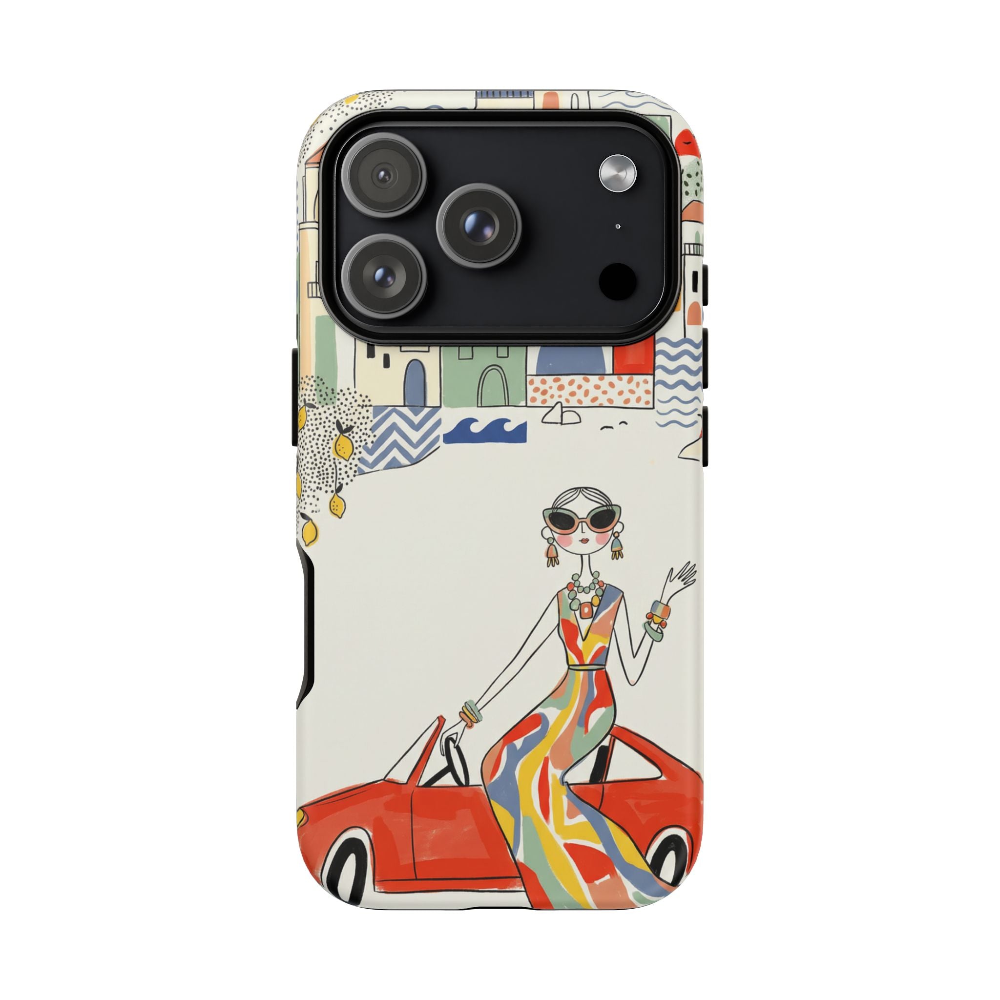Stylish Riviera iPhone Case | Chic Retro Woman in Convertible Design