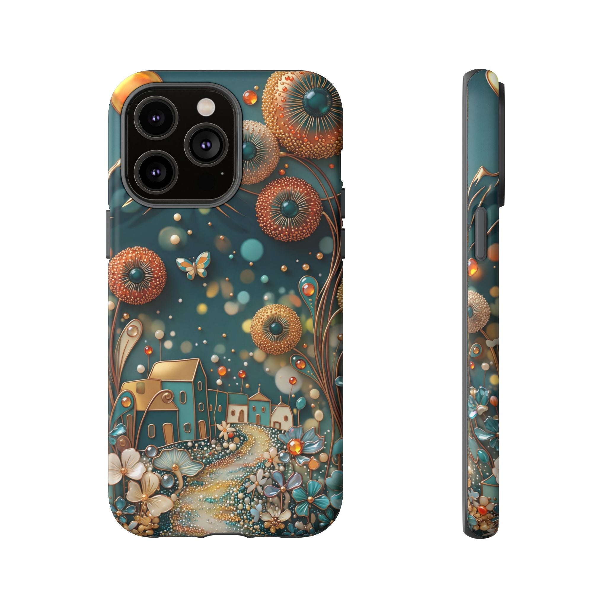 Whimsical Night Village iPhone Case | Floral Moonlit Art Tough Case