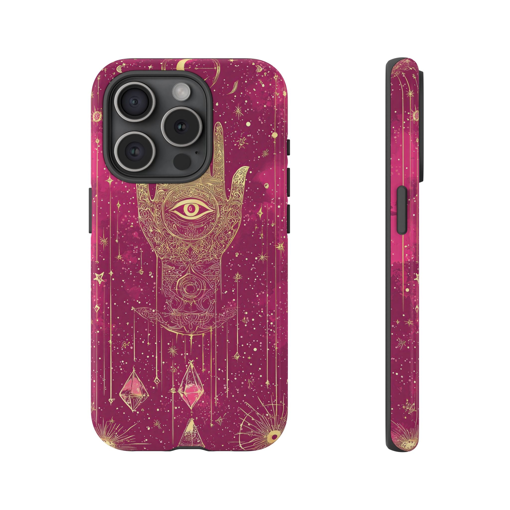 Mystic Hamsa iPhone Case | Gold Palm & All-Seeing Eye on Magenta Galaxy