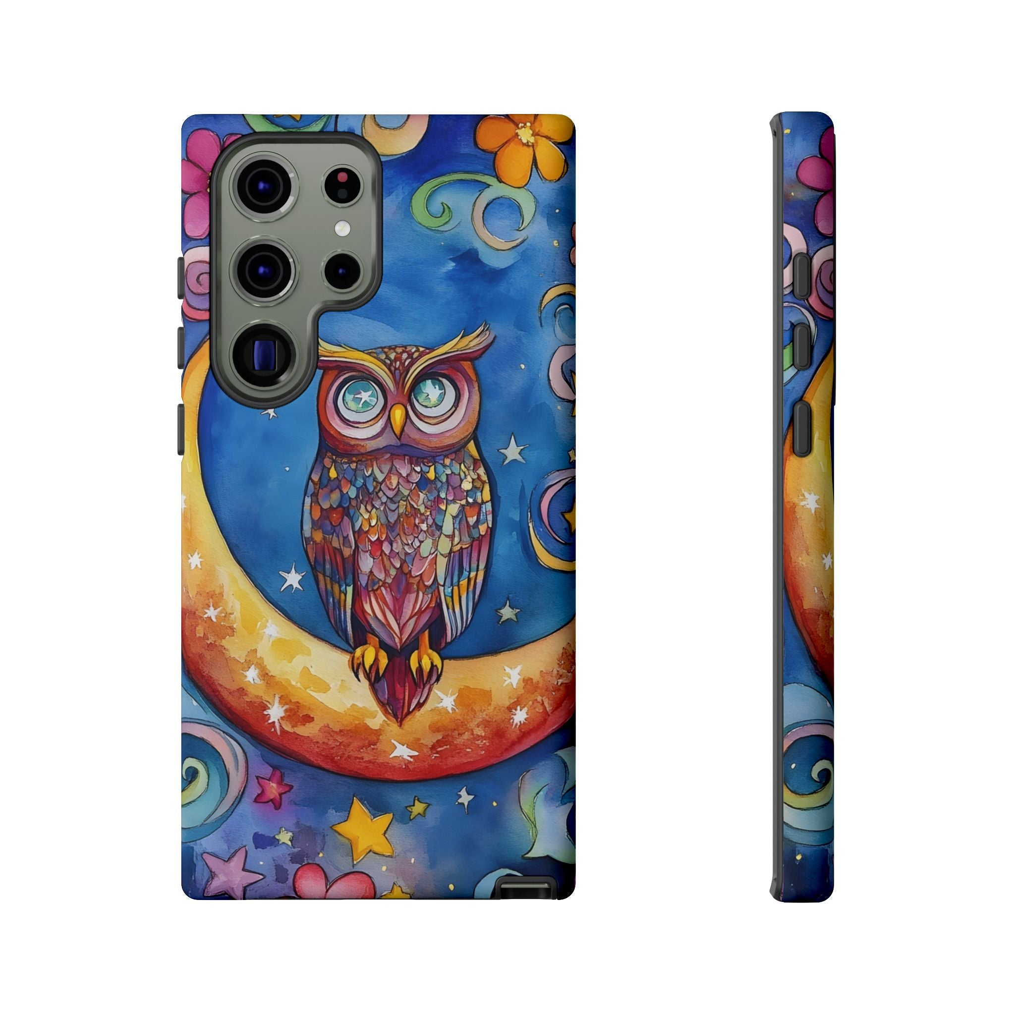 Owl on Crescent Moon Samsung Galaxy Case — Colourful Whimsical Night Sky Design