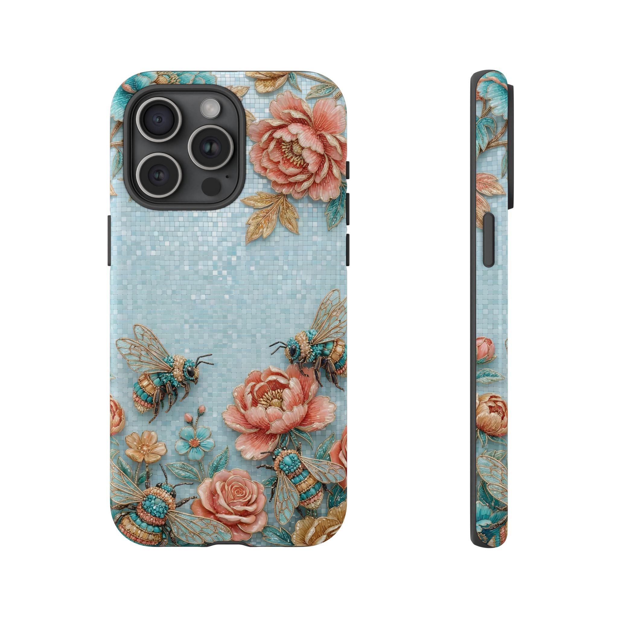 Floral Bees iPhone Case | Vintage Rose & Turquoise Protective Cover