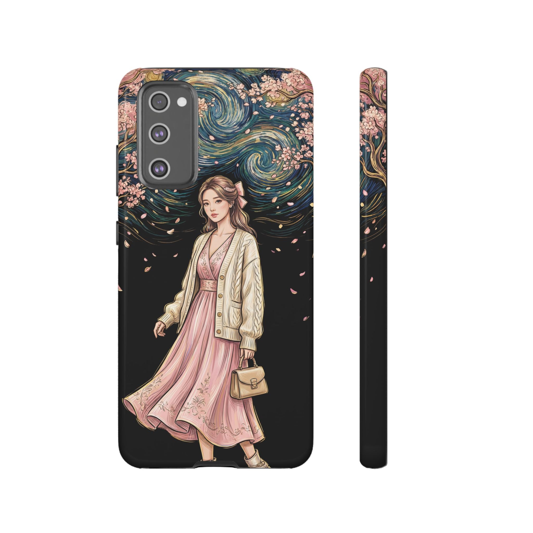 Floral Starry Night Samsung Galaxy Phone Case | Elegant Girl in Pink Dress