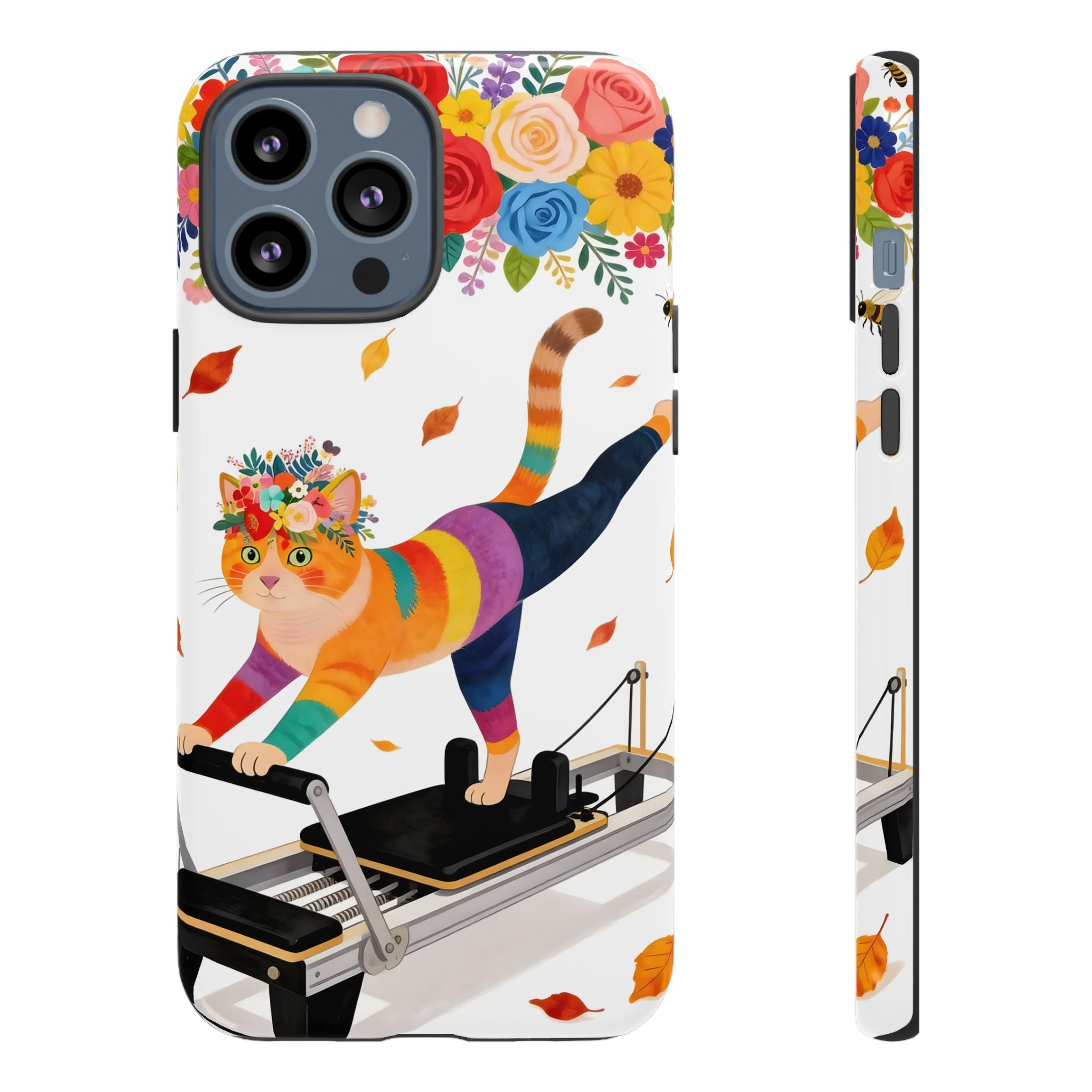 Cat Pilates iPhone Case | Floral Rainbow Cat on Reformer