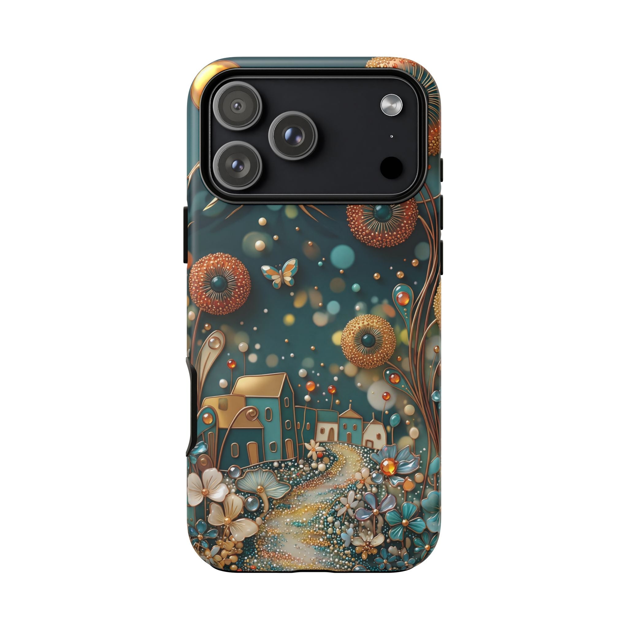 Whimsical Night Village iPhone Case | Floral Moonlit Art Tough Case