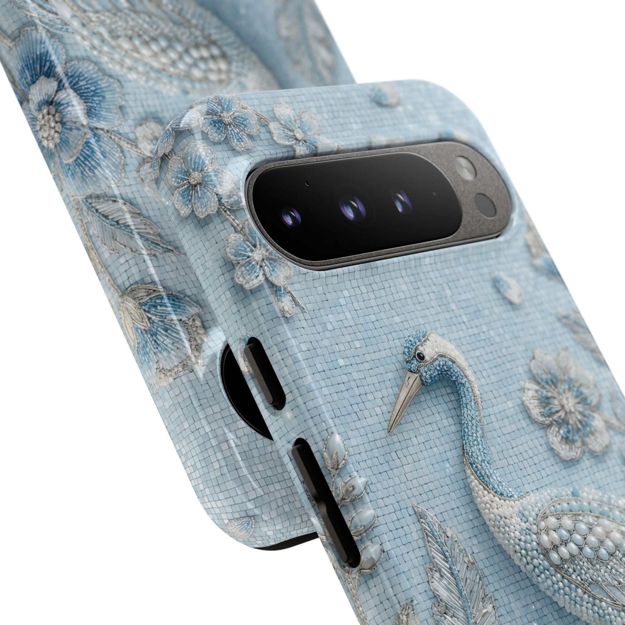 Blue Crane Floral Google Pixel Phone Case | Vintage Embossed Bird Design