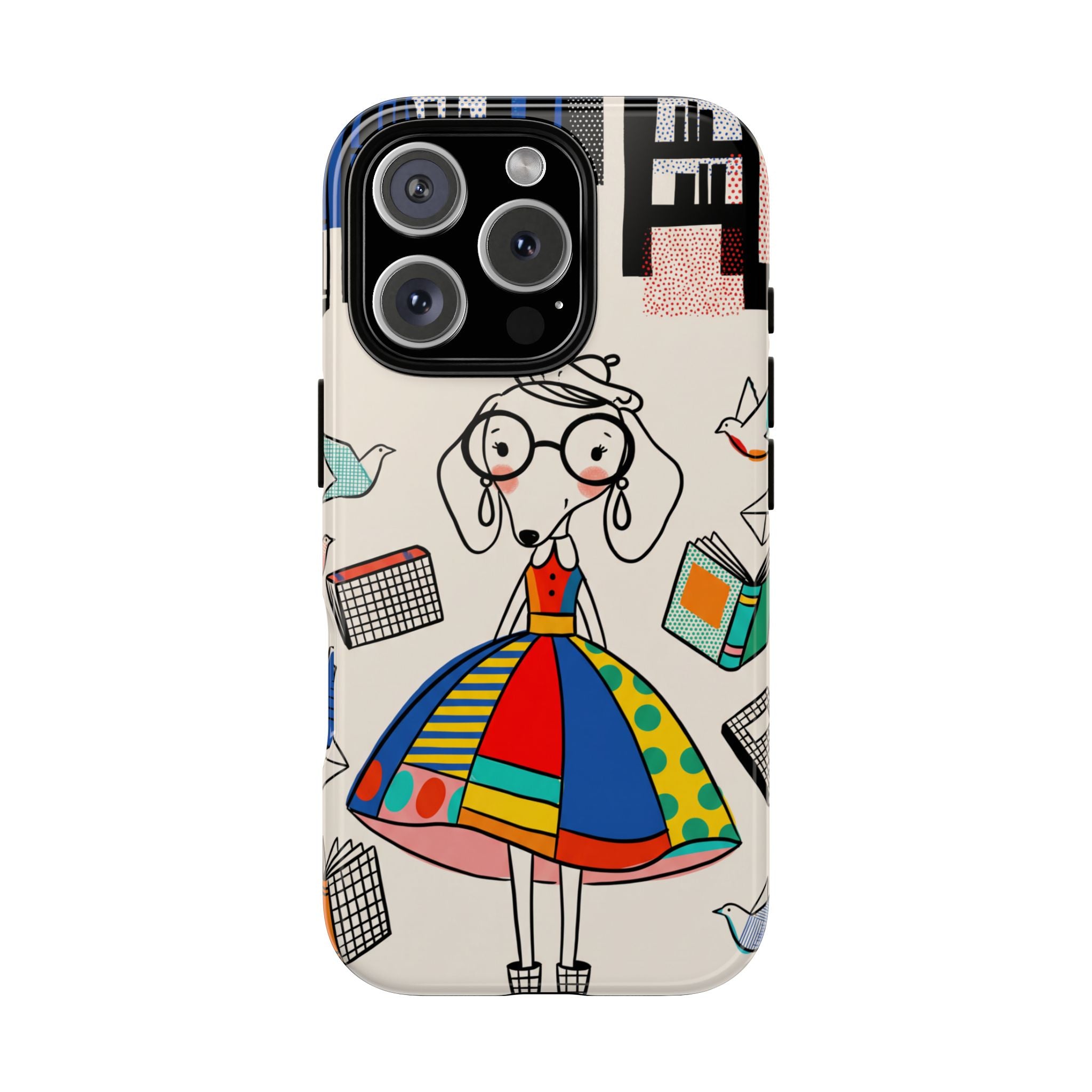 Cute Dachshund Dog Illustration iPhone Case | Colorful Whimsical Book & Bird Design