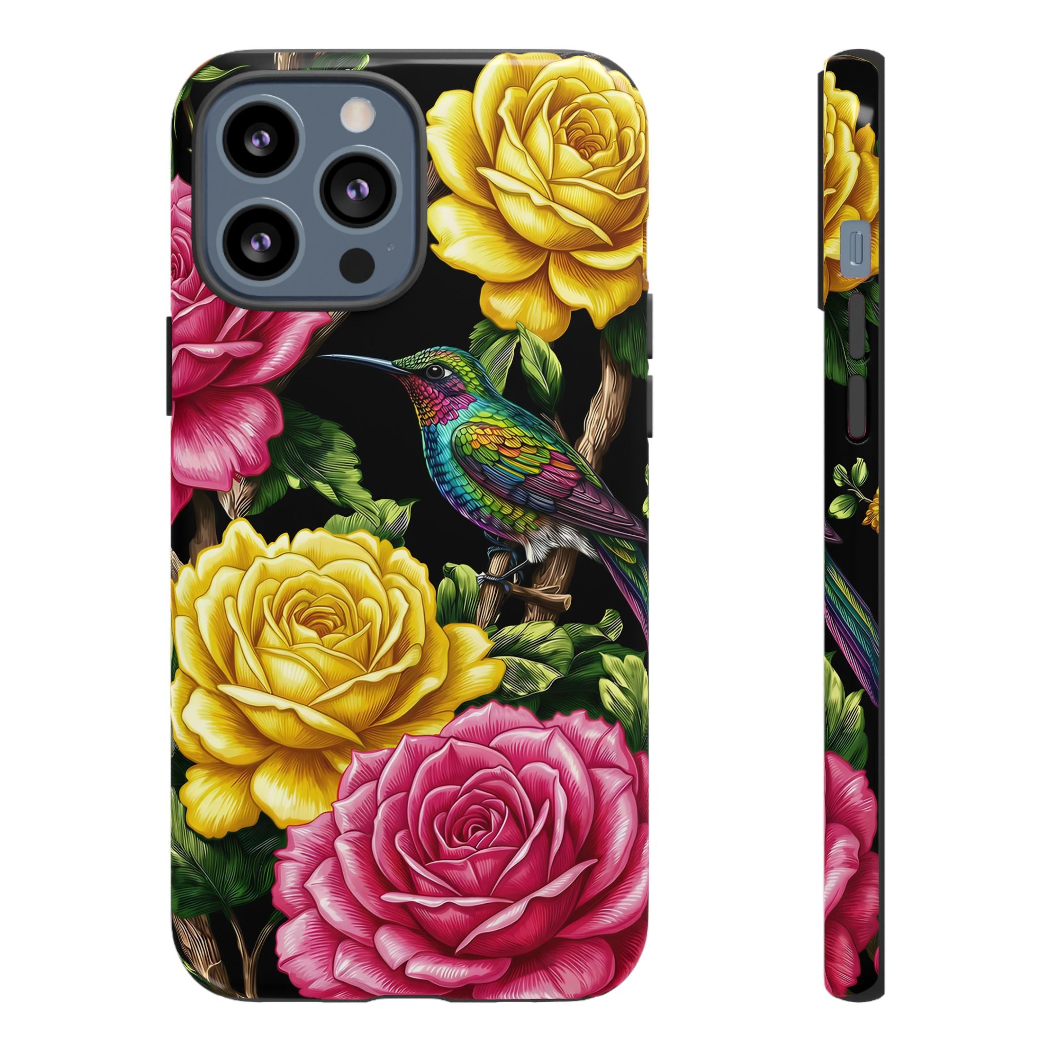 Floral Hummingbird Tough iPhone Case | Vibrant Rose & Yellow Garden Protection
