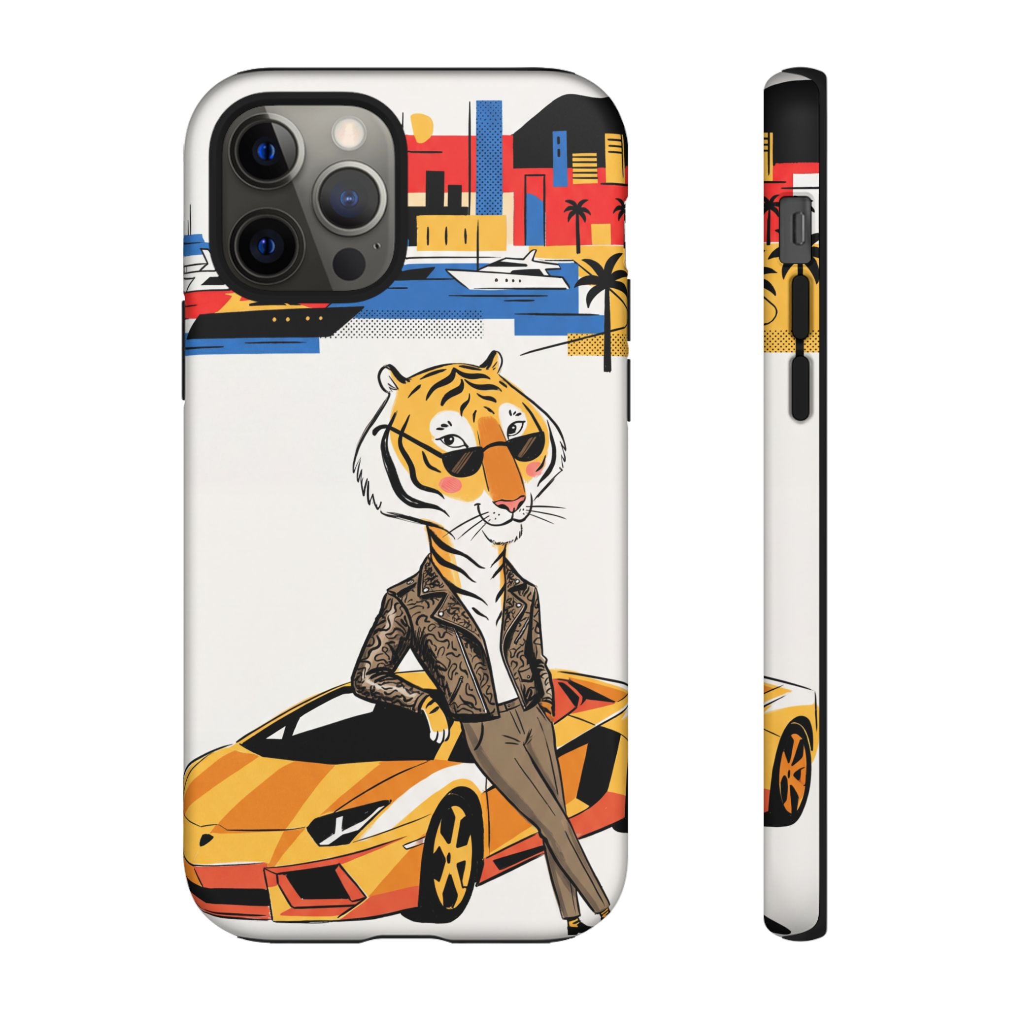 Stylish Tiger with Sports Car Illustration iPhone Case