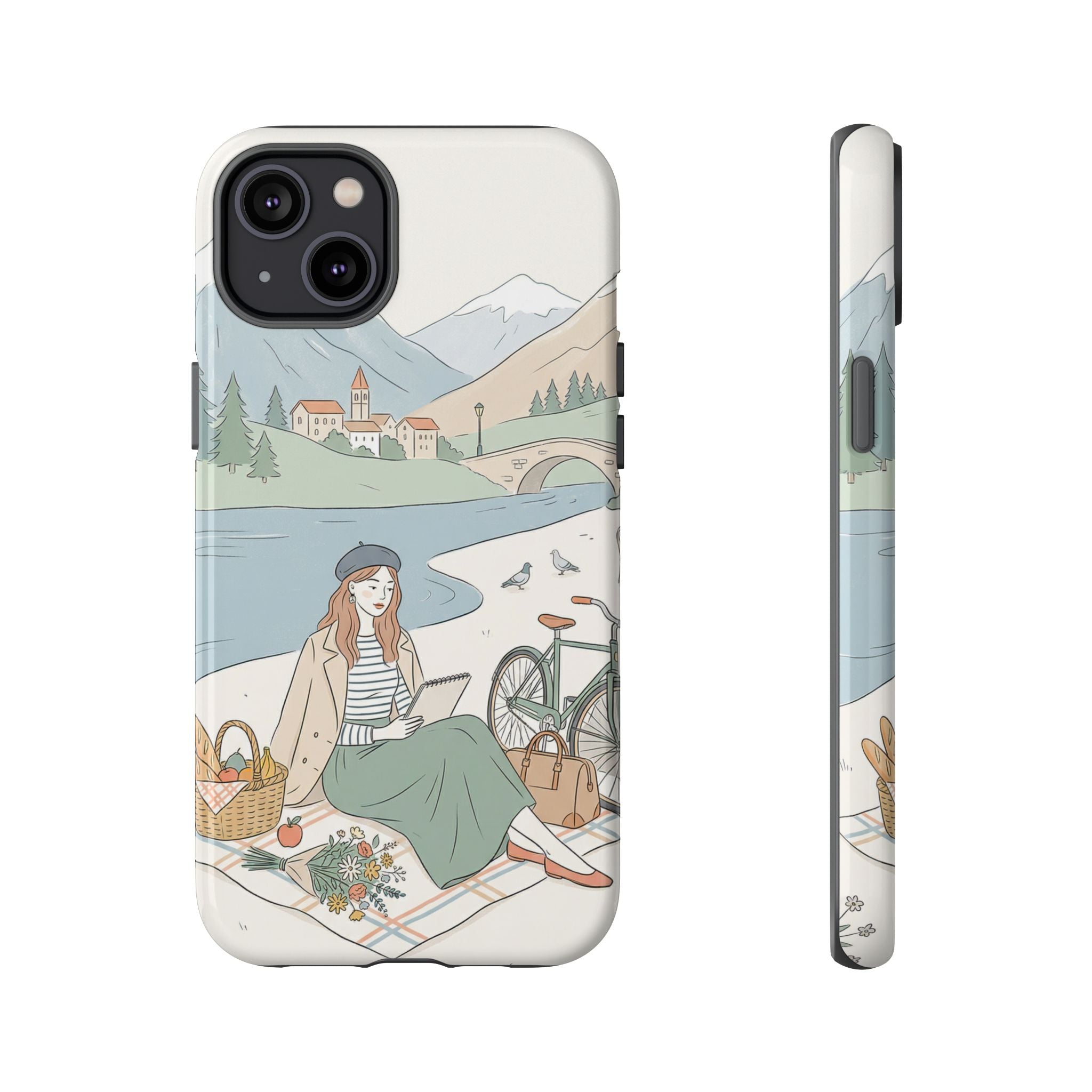 Scenic Picnic iPhone Case | Vintage Bicycle & Mountain Illustration