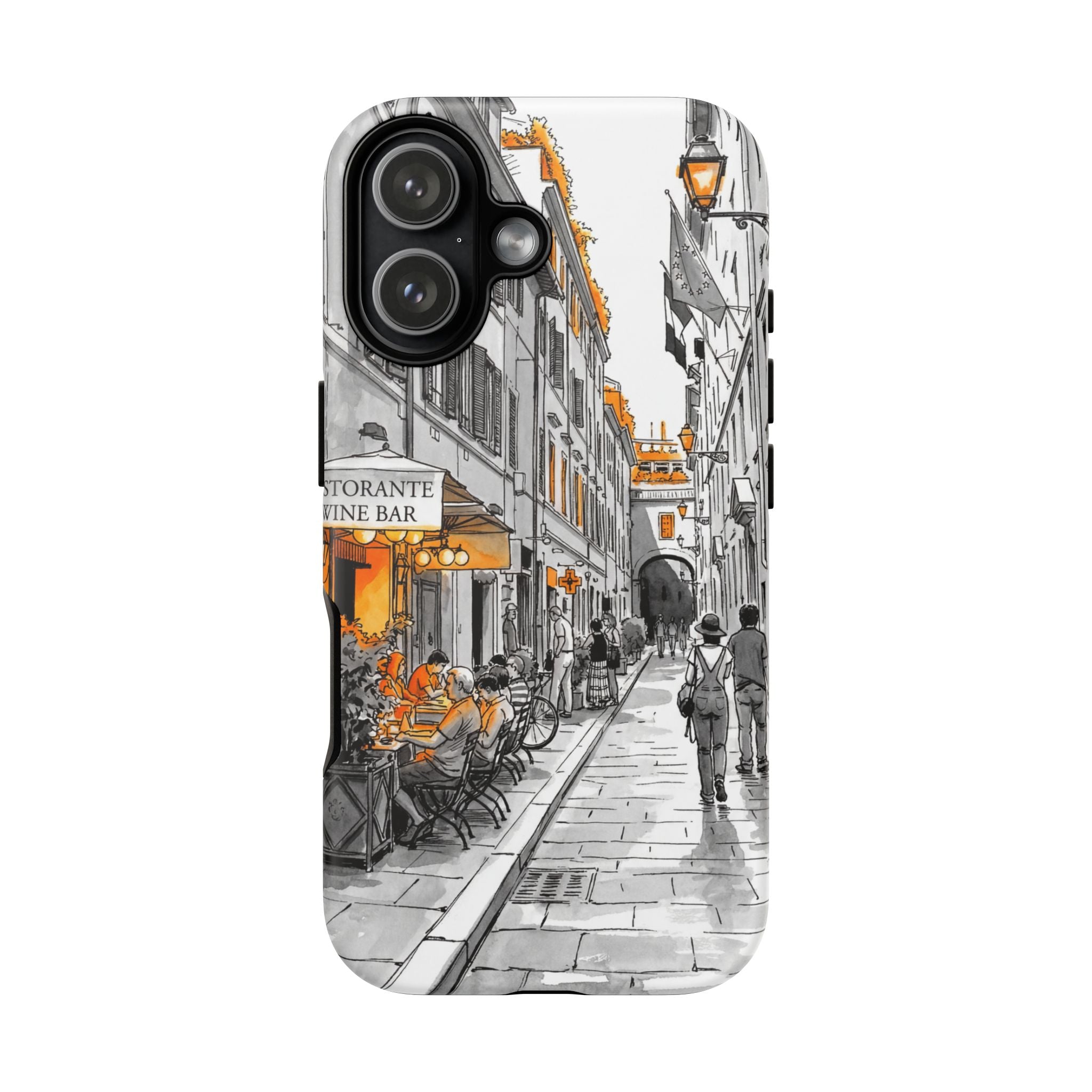 Vintage Italy Street iPhone Case | Black & White Sketch with Orange Accent