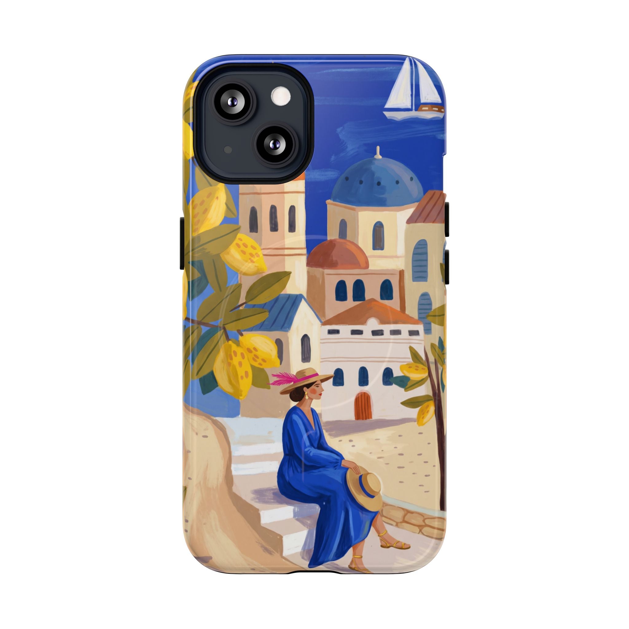 Mediterranean Village MagSafe iPhone Case | Scenic Sailboat & Lemon Grove Design