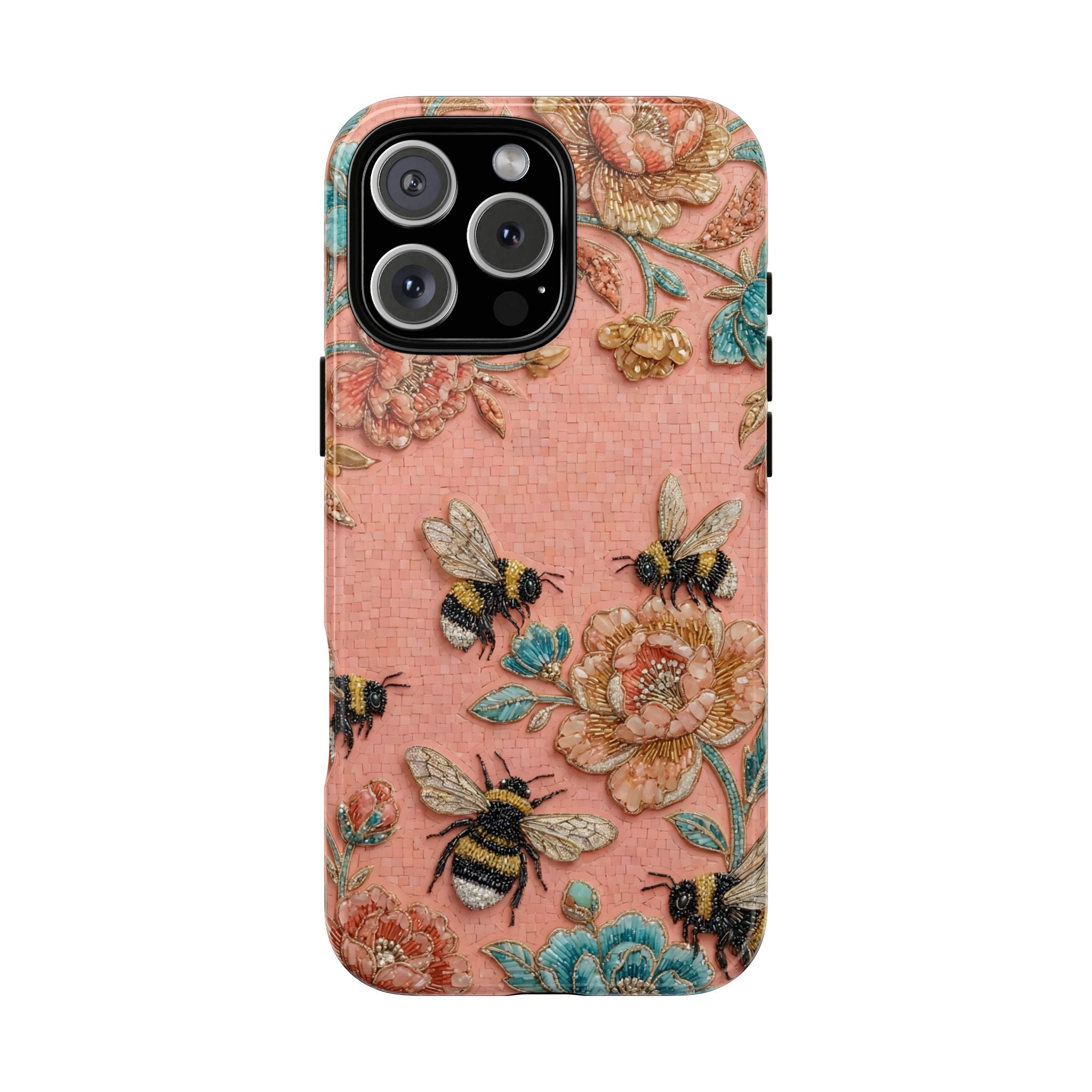 Floral Bee Tough iPhone Case | Vintage Pink Garden Protective Cover