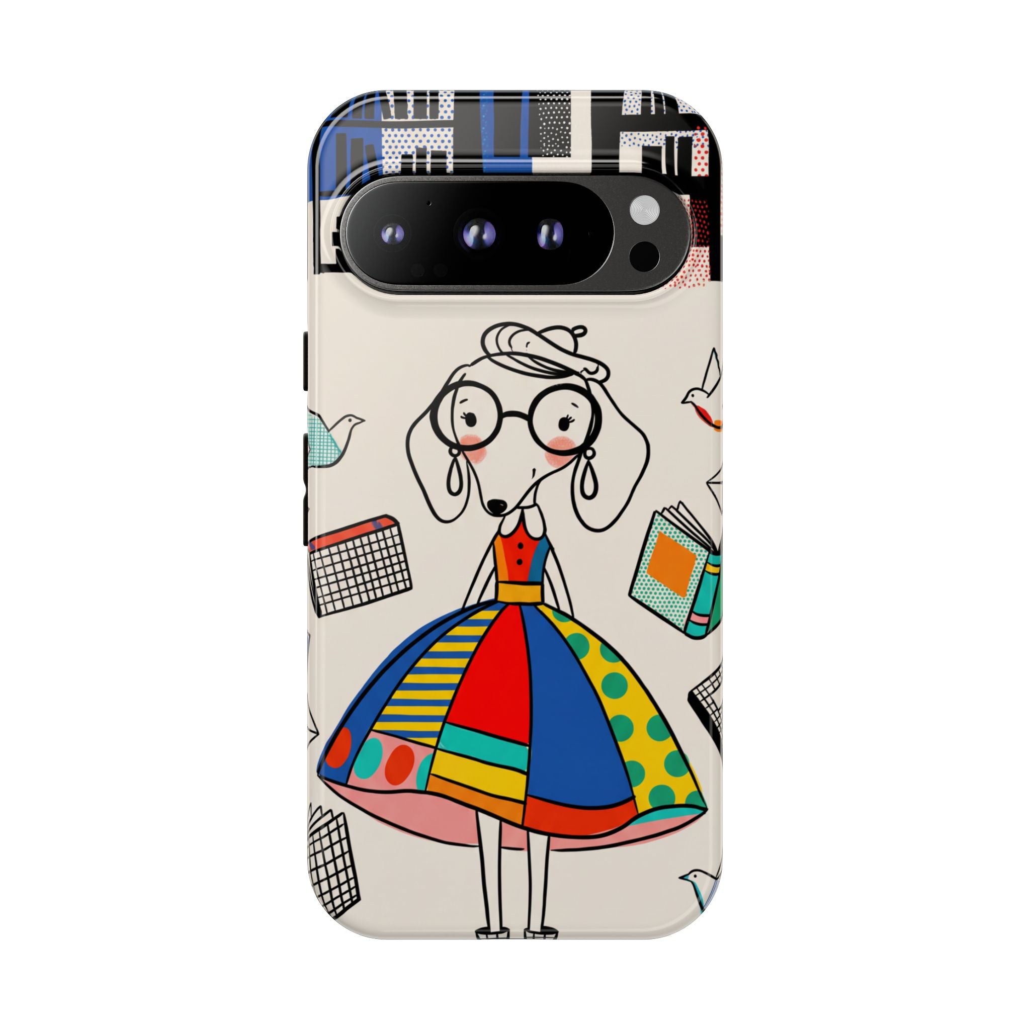 Cute Dachshund Dog Illustration Google Pixel Phone Case | Colorful Whimsical Book & Bird Design
