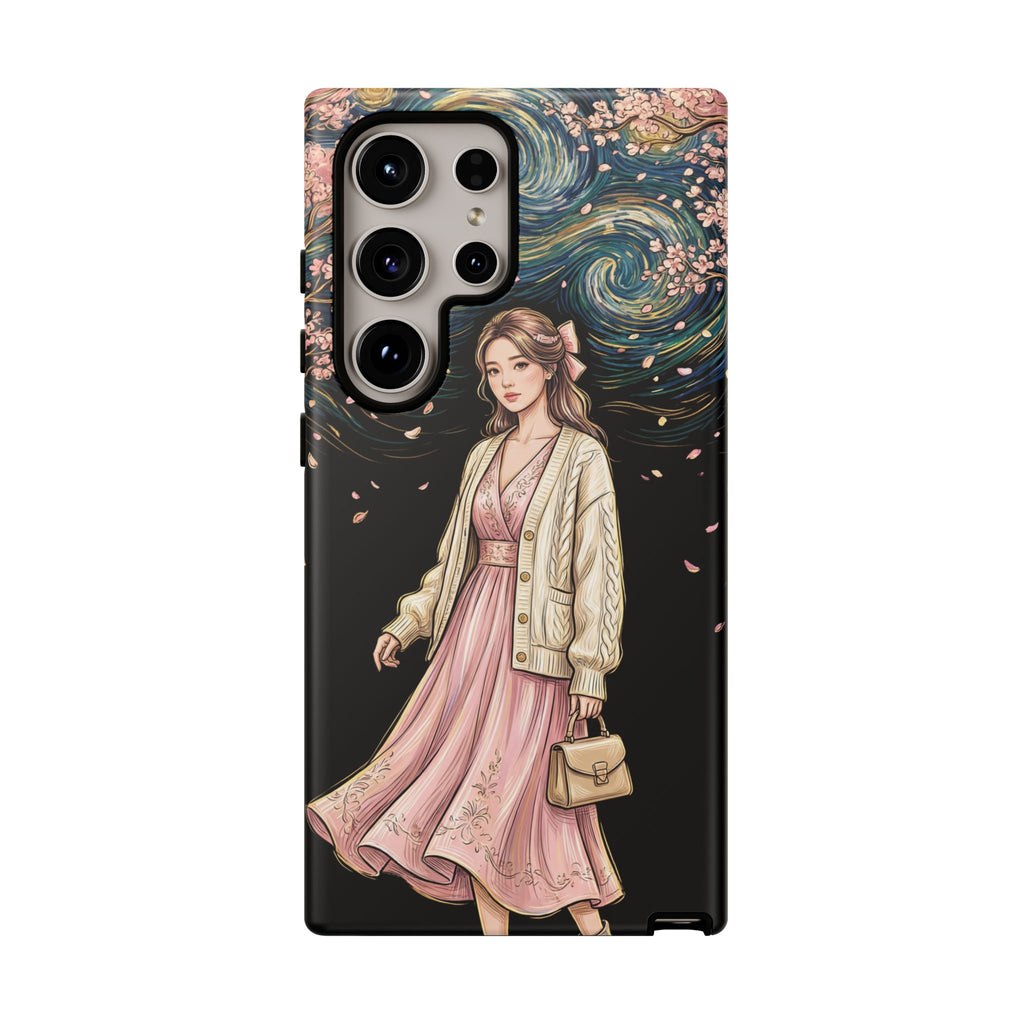 Floral Starry Night Samsung Galaxy Phone Case | Elegant Girl in Pink Dress