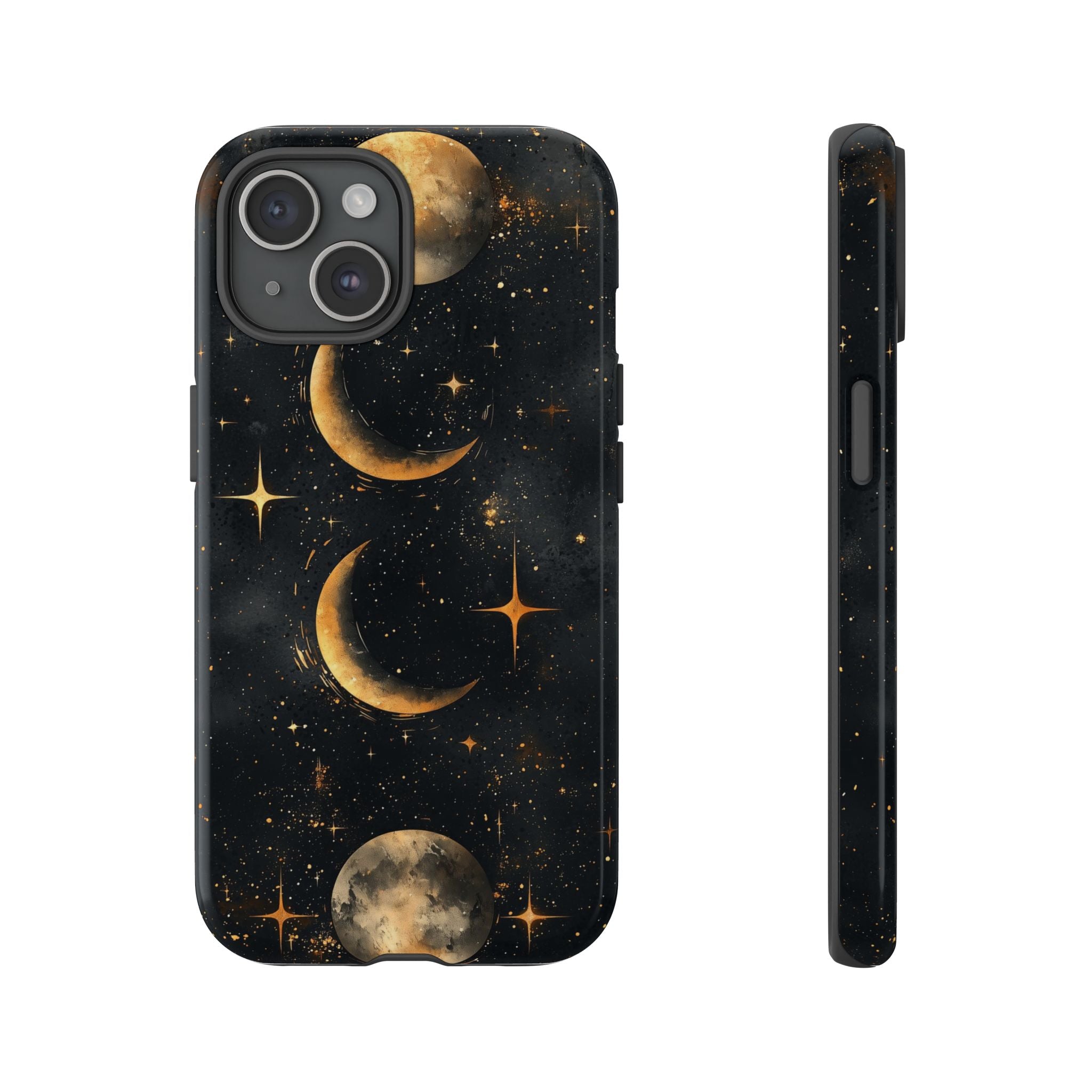 Celestial Moon Phases Tough iPhone Case | Gold Crescent & Full Moon Galaxy Design