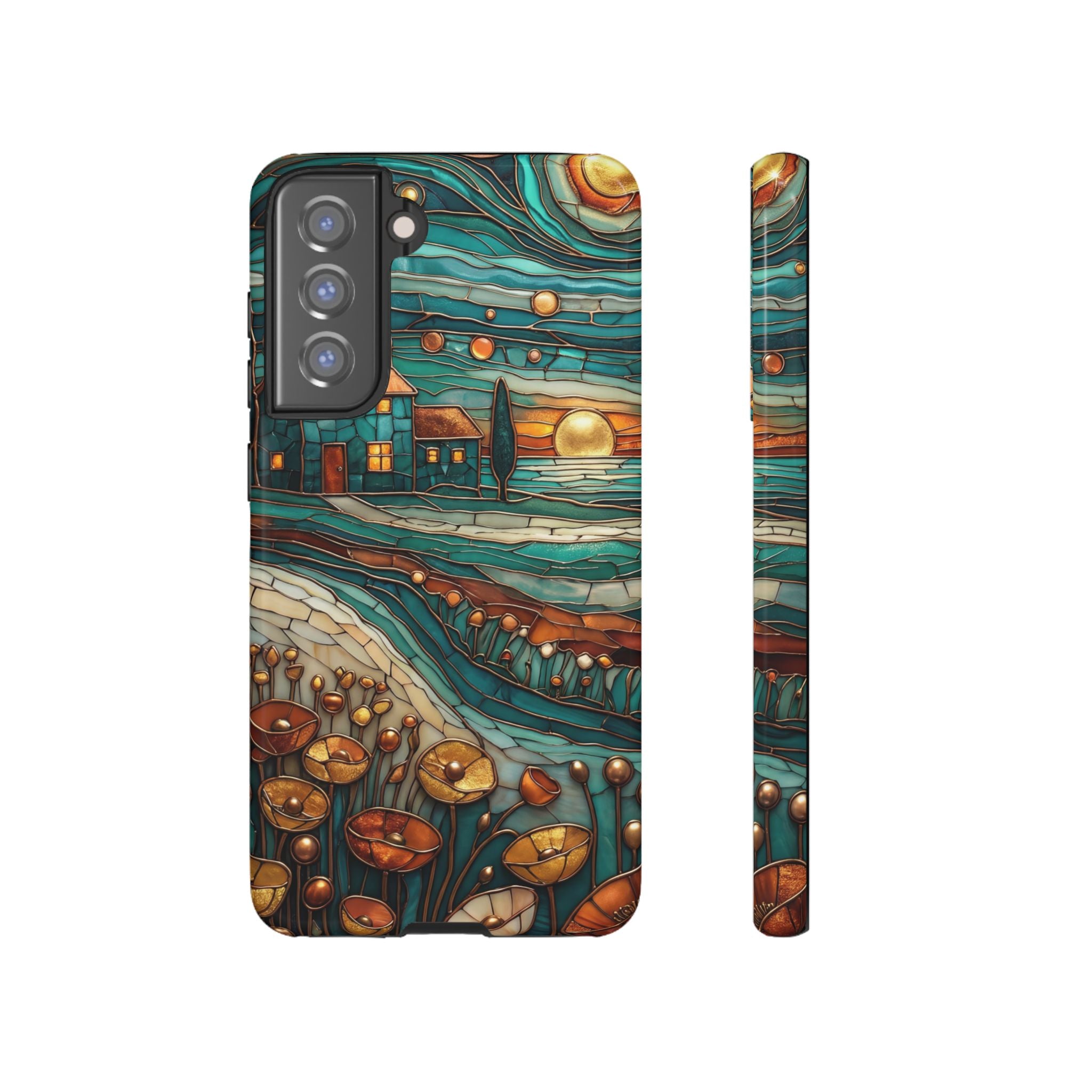 Artistic Sunset Cottage Samsung Galaxy Case | Whimsical Floral Landscape Protective Cover