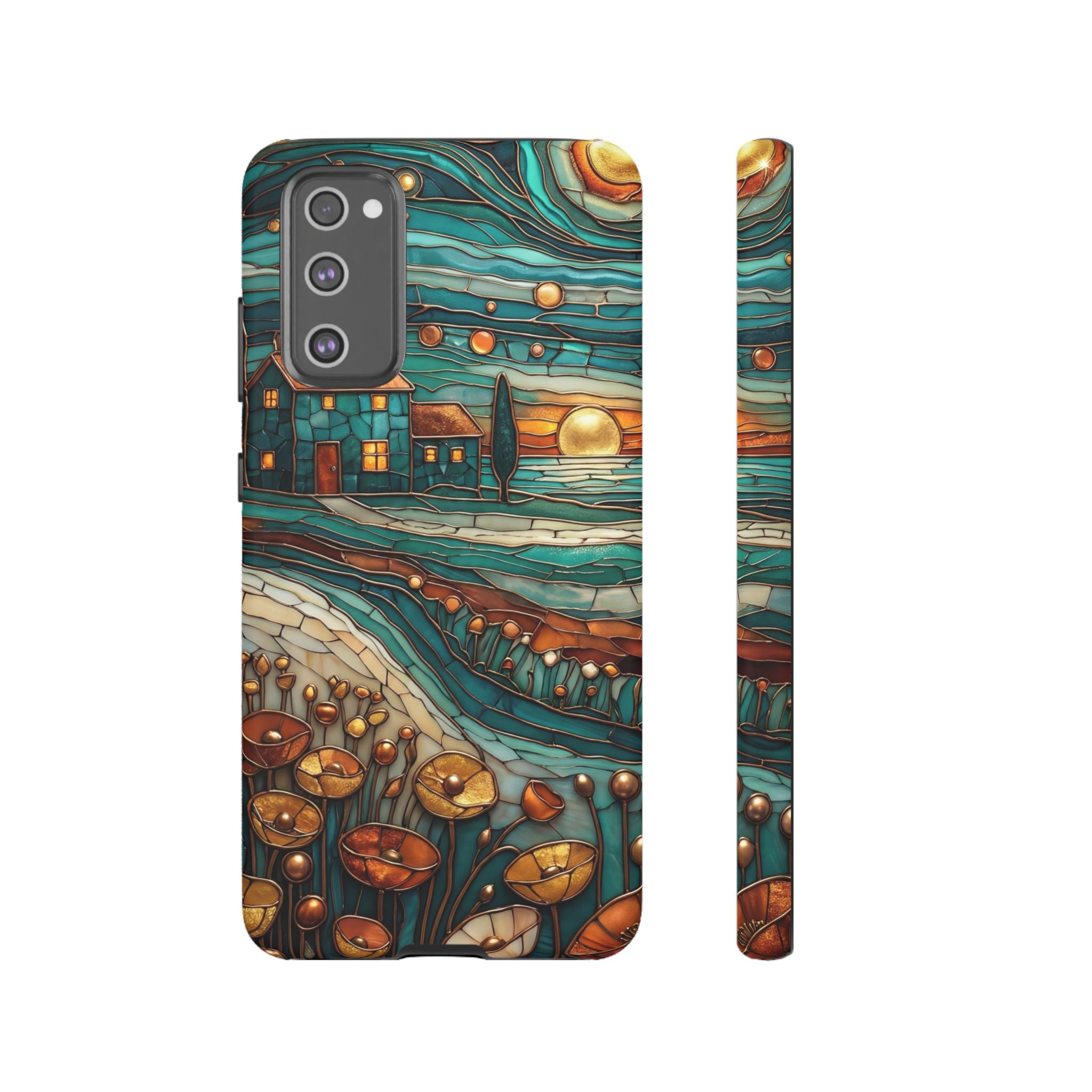 Artistic Sunset Cottage Samsung Galaxy Case | Whimsical Floral Landscape Protective Cover