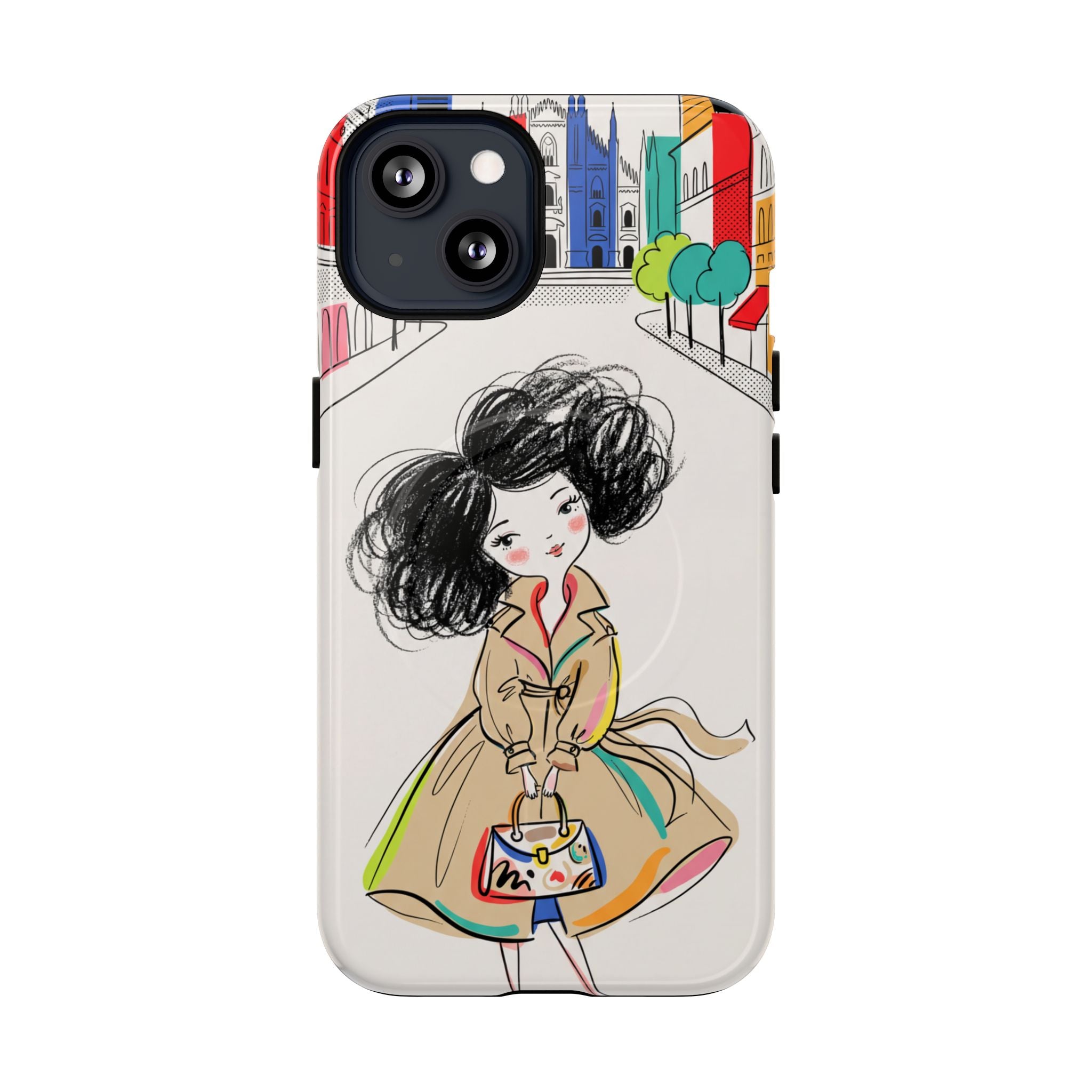 Illustrated Trench Coat Fashion Chic City Girl MagSafe iPhone Case