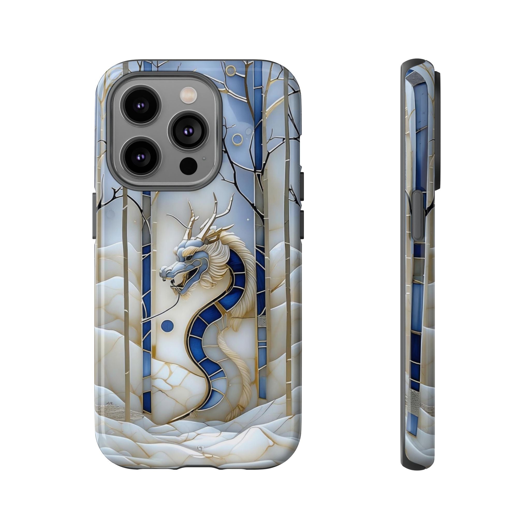 Dragon Stained Glass iPhone Case — Blue Winter Forest Protective Cover