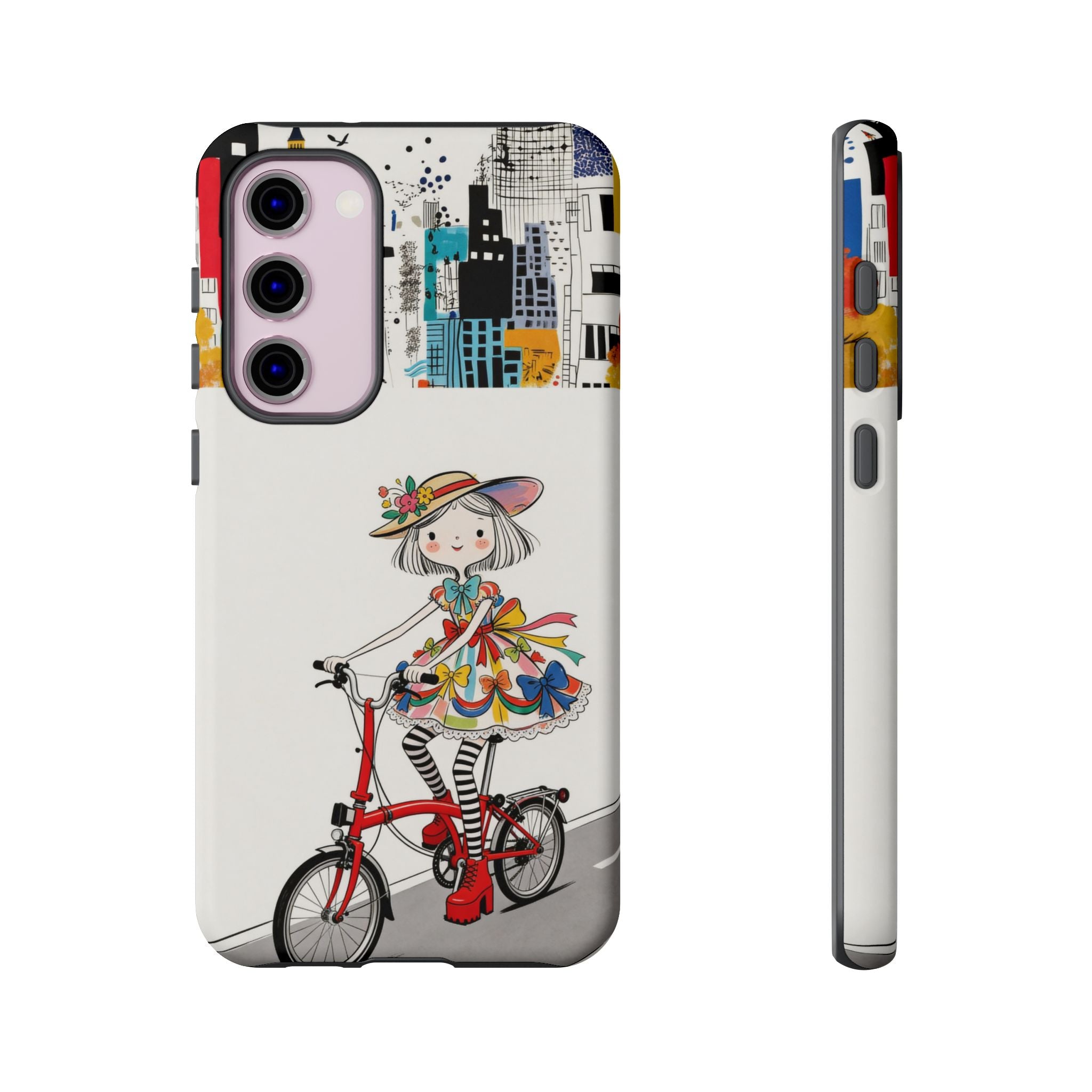 Whimsical Girl on Brompton Bicycle Urban Illustration Samsung Galaxy Phone Case