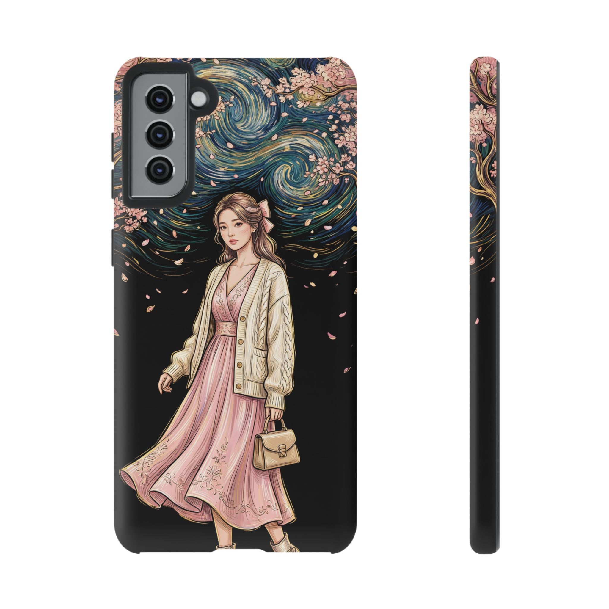 Floral Starry Night Samsung Galaxy Phone Case | Elegant Girl in Pink Dress