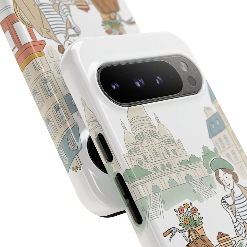 Paris Cafe Illustration Google Pixel Phone Case | Vintage Bicycles & Pigeons Protective Cover