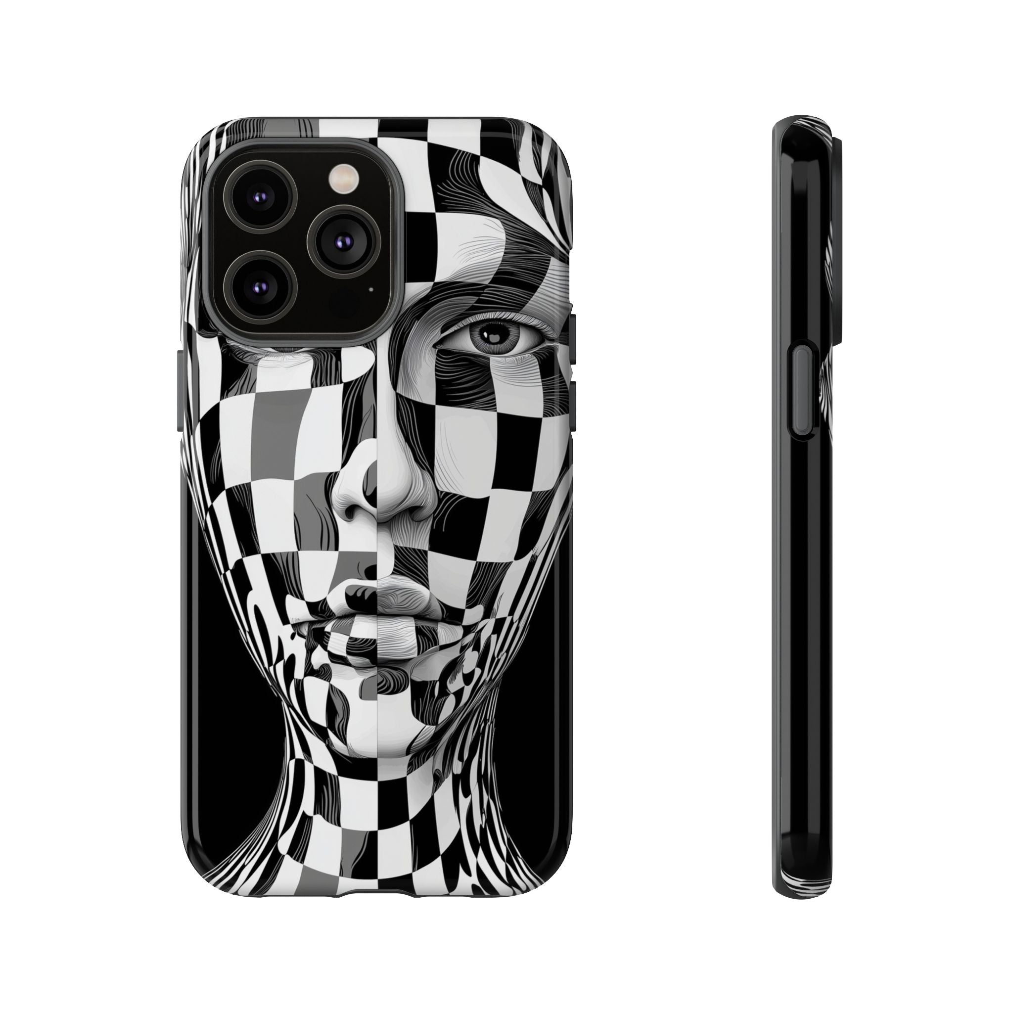 Checkerboard Face Tough iPhone Case — Black & White Surreal Art Protective Cover