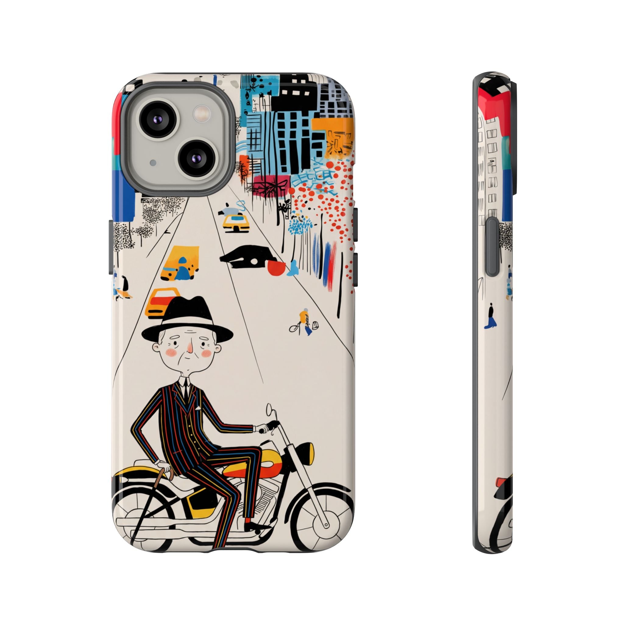 Vintage Grandpa Rider Motorcycle iPhone Case | Illustrated Cityscape