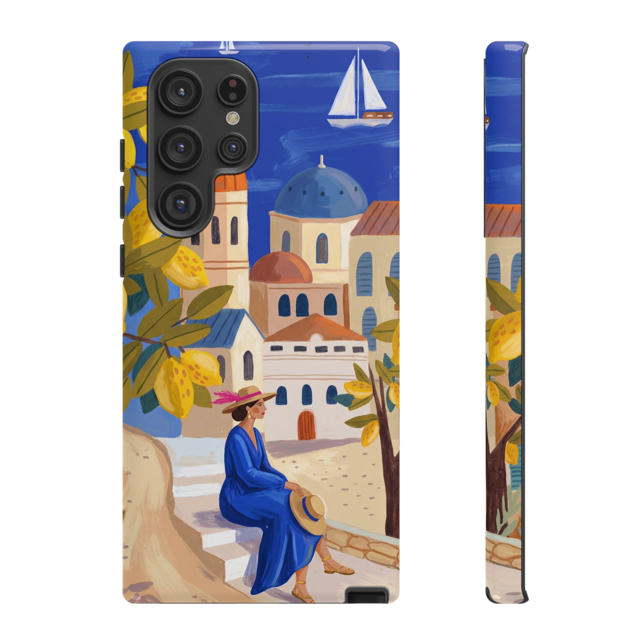 Mediterranean Village Samsung Galaxy Phone Case | Scenic Sailboat & Lemon Grove Design