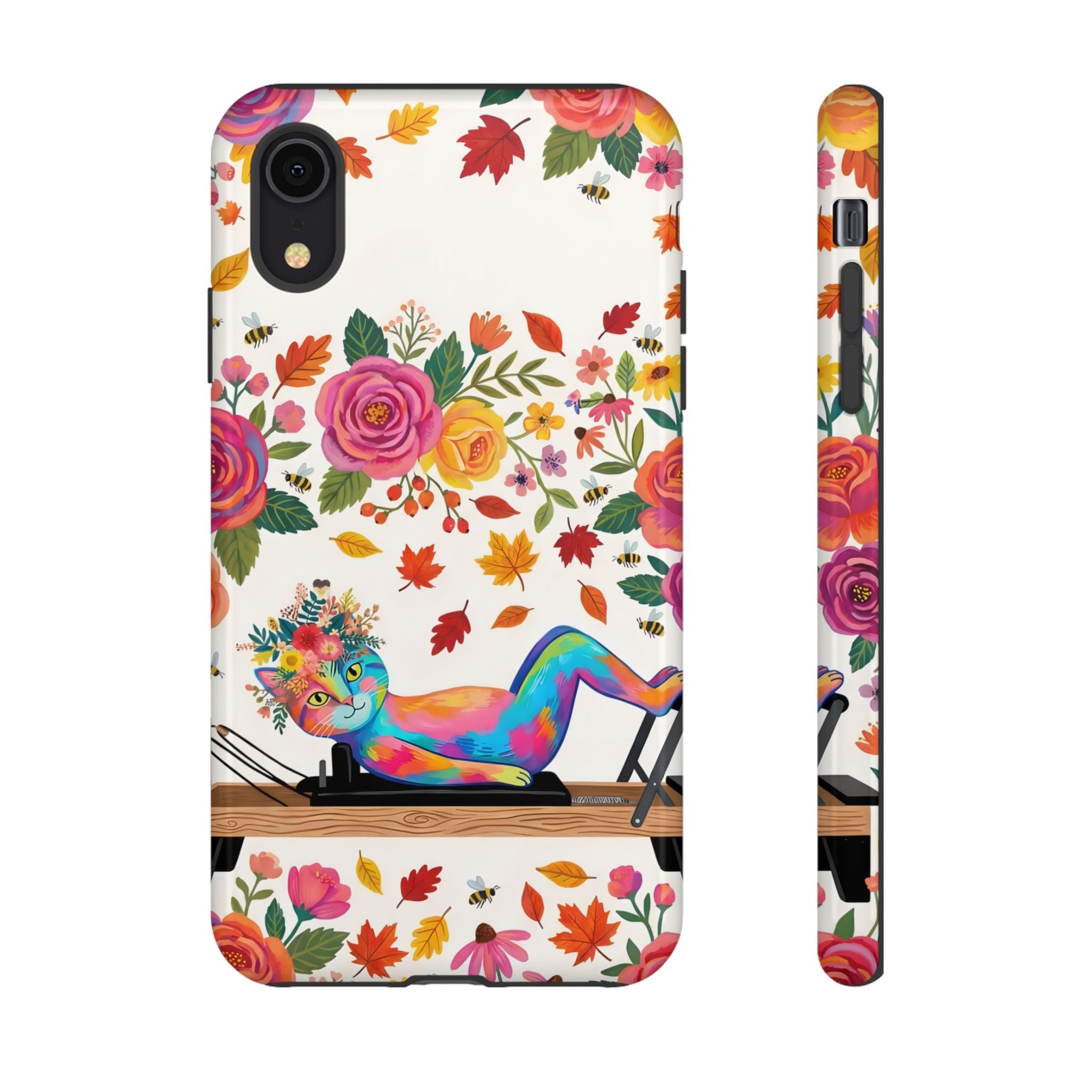 Autumn Floral Pilates iPhone Case | Colorful Rainbow Pilates Cat on Falling Leaves