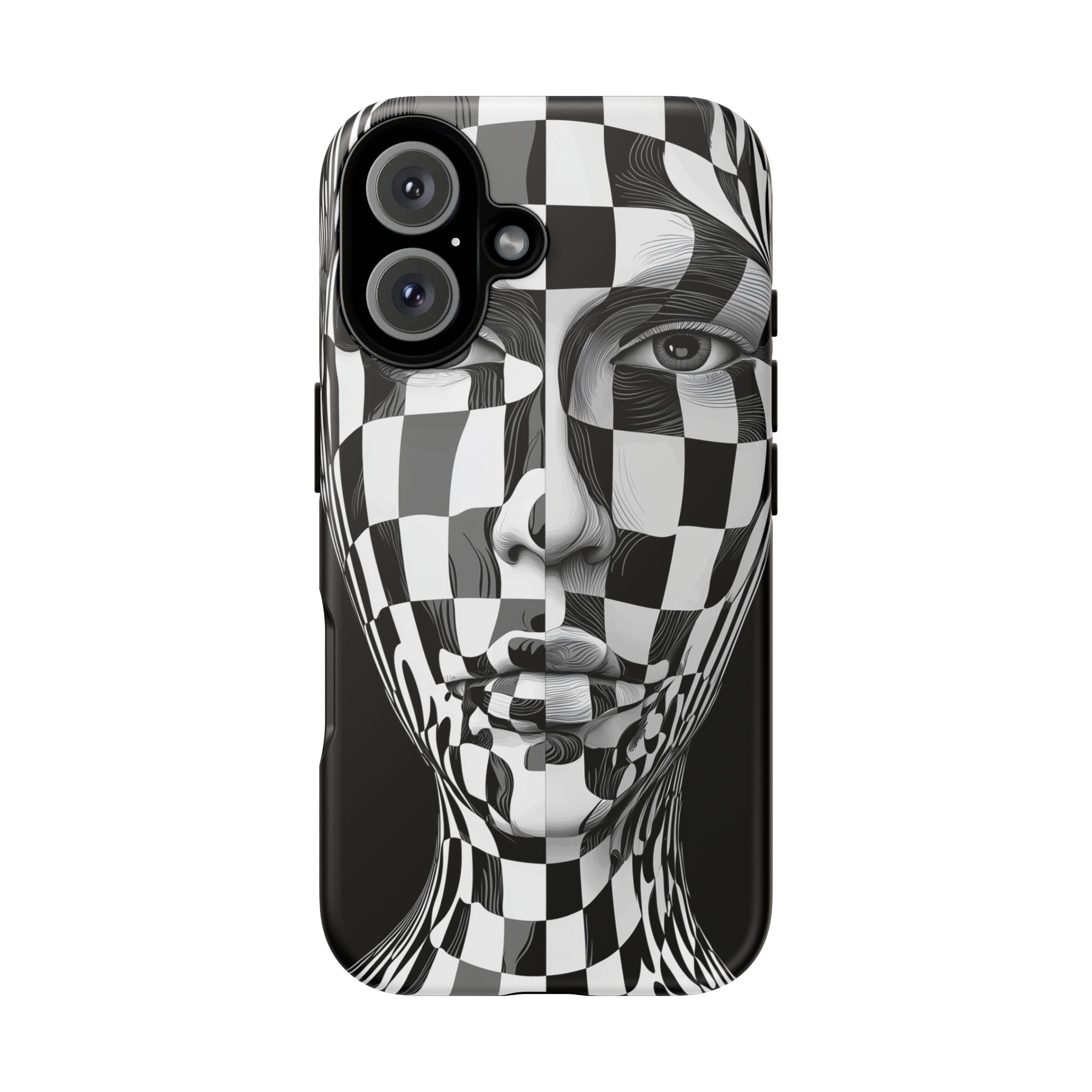 Checkerboard Face Tough iPhone Case — Black & White Surreal Art Protective Cover