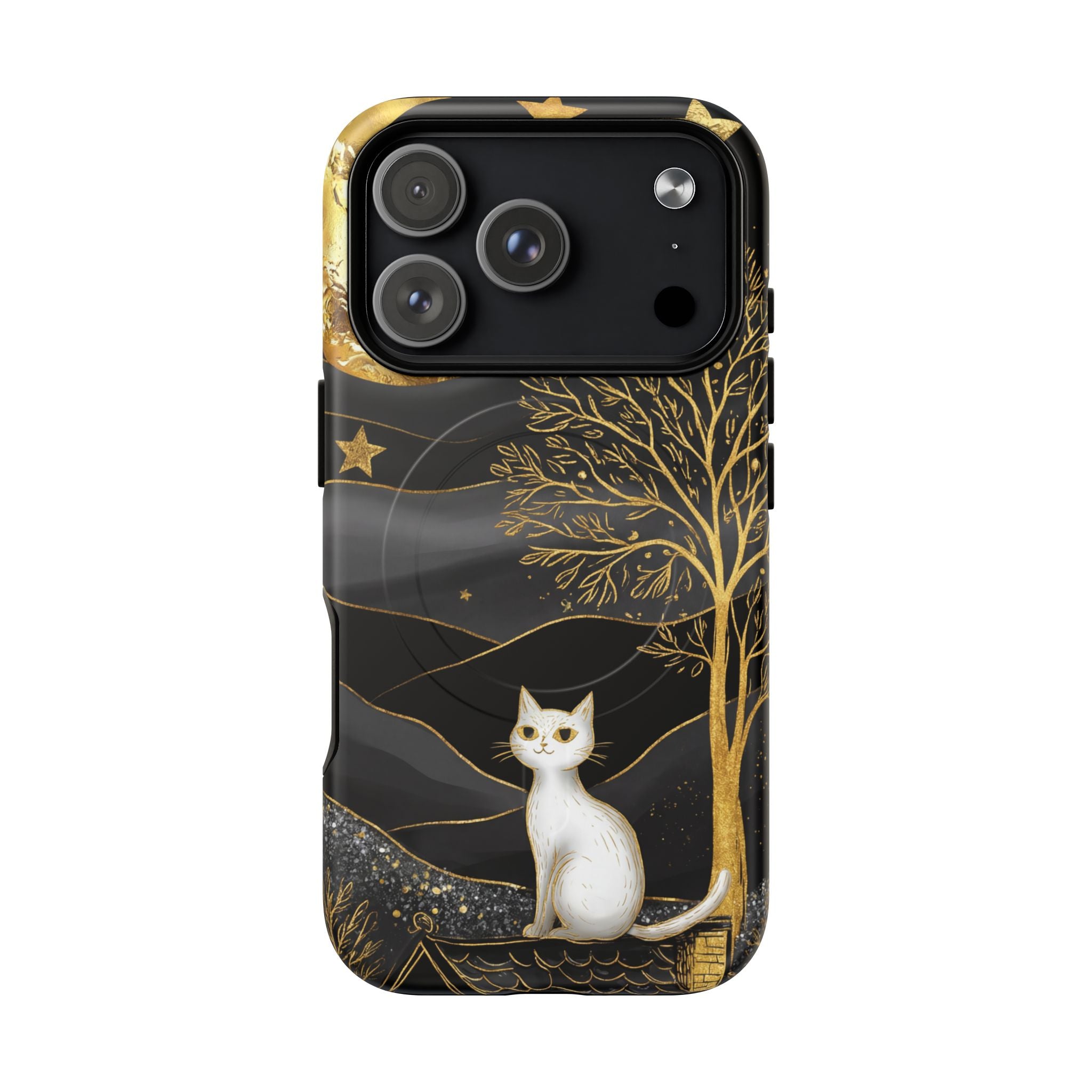 Custodia per iPhone Moonlit Cat | Custodia resistente MagSafe nera e oro