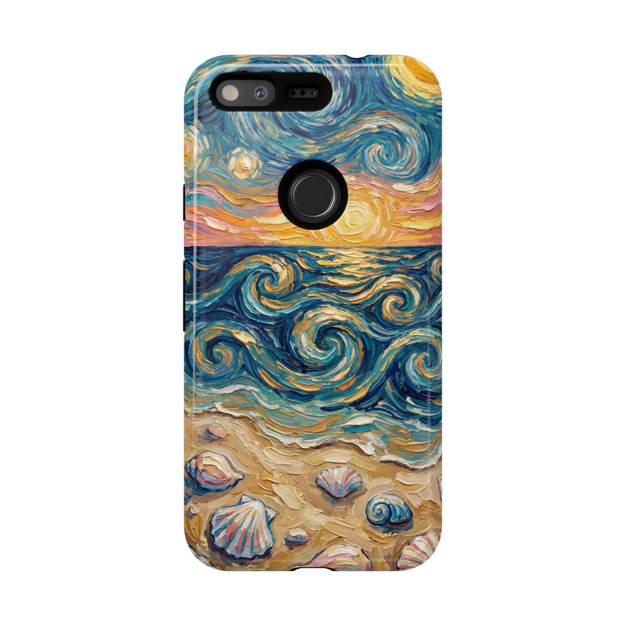 Sea Sunset Google Pixel Case — Van Gogh‑Style Beach Waves with Shells