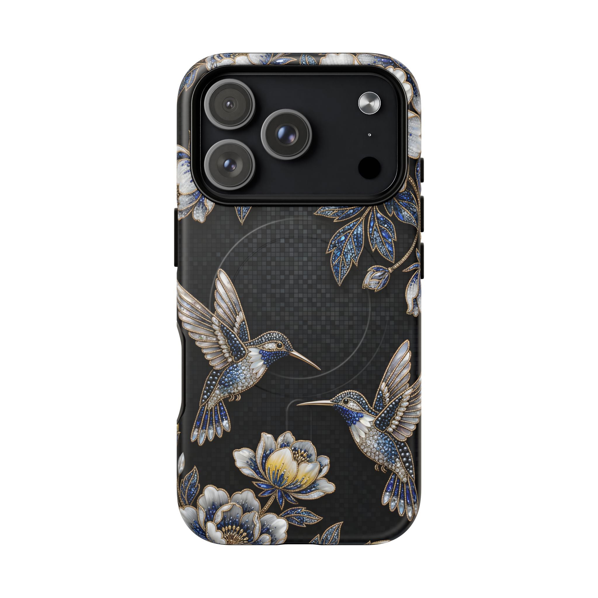 Hummingbird & Peony Floral MagSafe iPhone Case | Elegant Black Protective Cover