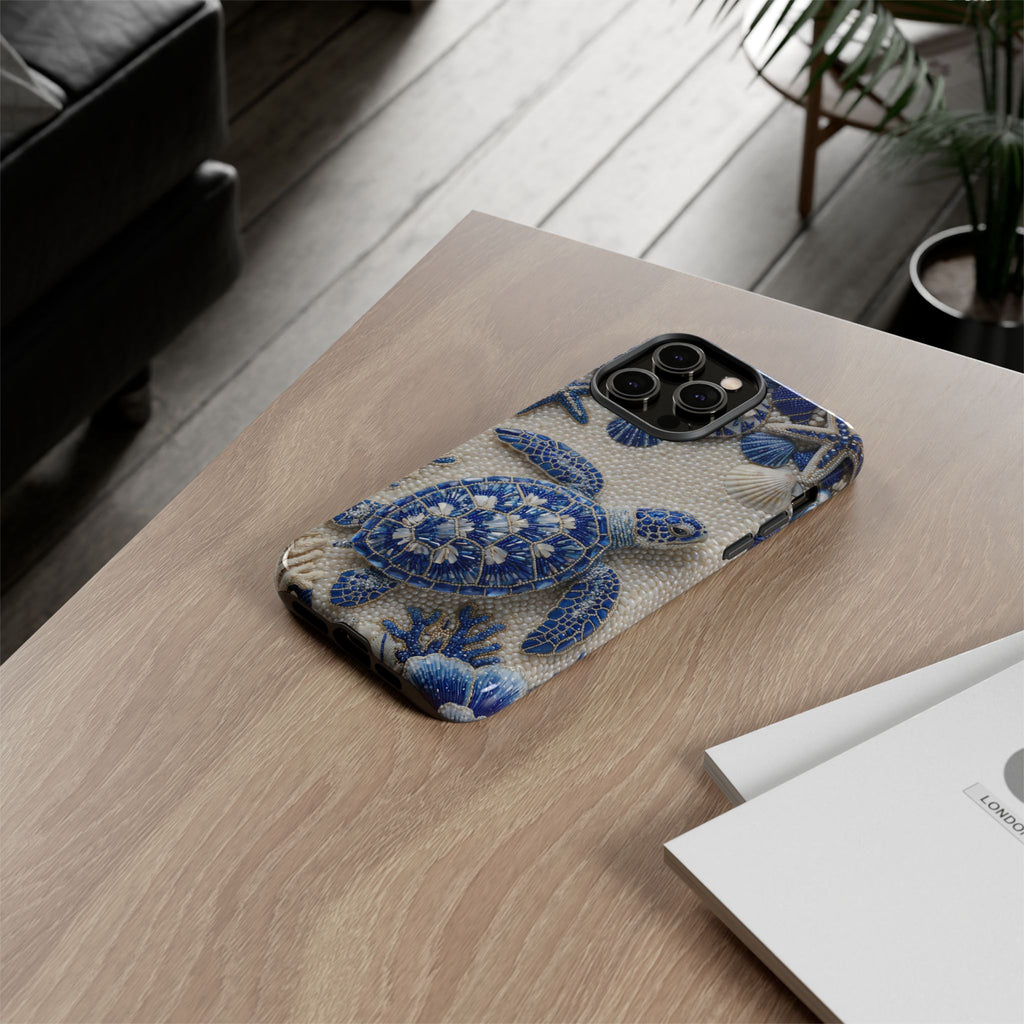 Cover per iPhone con motivo in ceramica blu a tartaruga marina