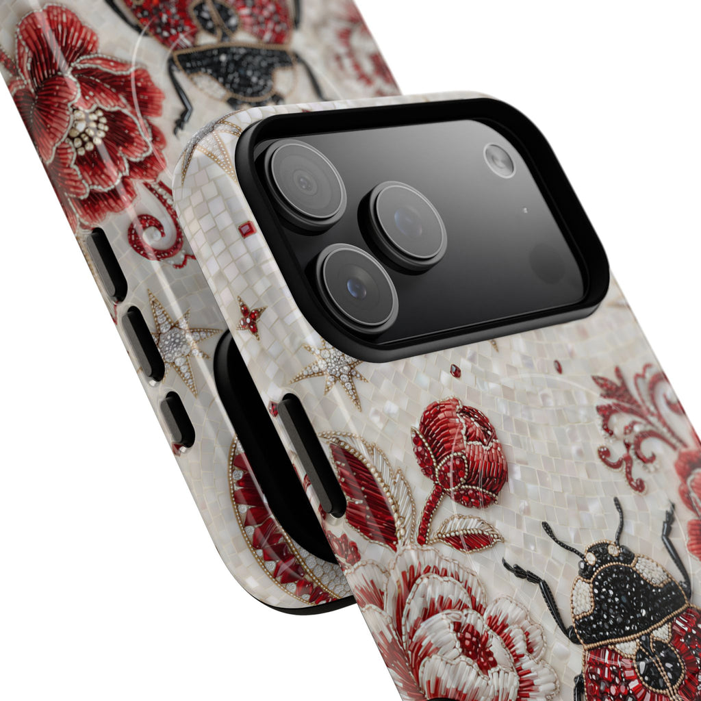 Cover MagSafe per iPhone con Fiori e Coccinella | Custodia Protettiva Rigida Vintage con Maggiolino Rosso