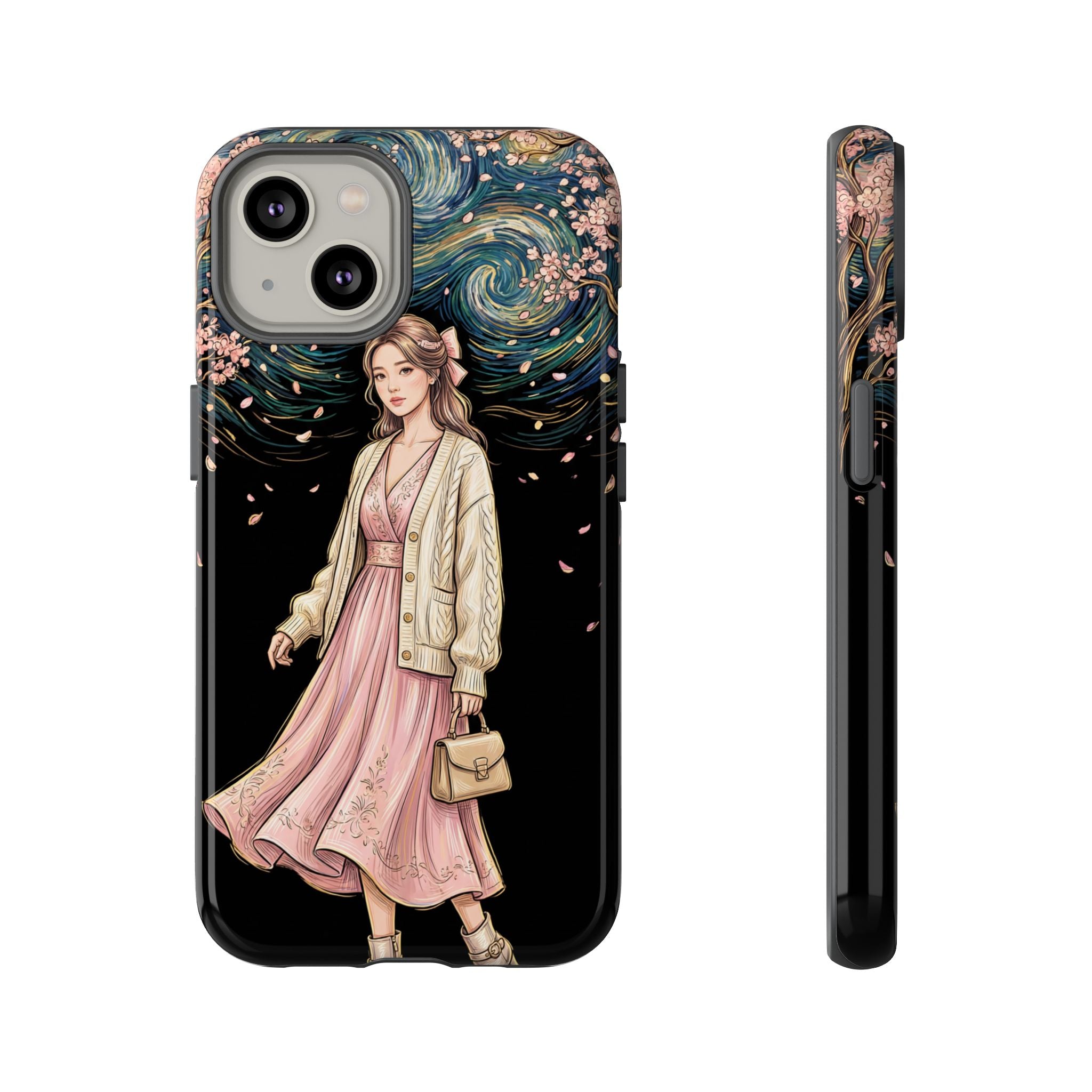 Floral Starry Night iPhone Case | Elegant Girl in Pink Dress