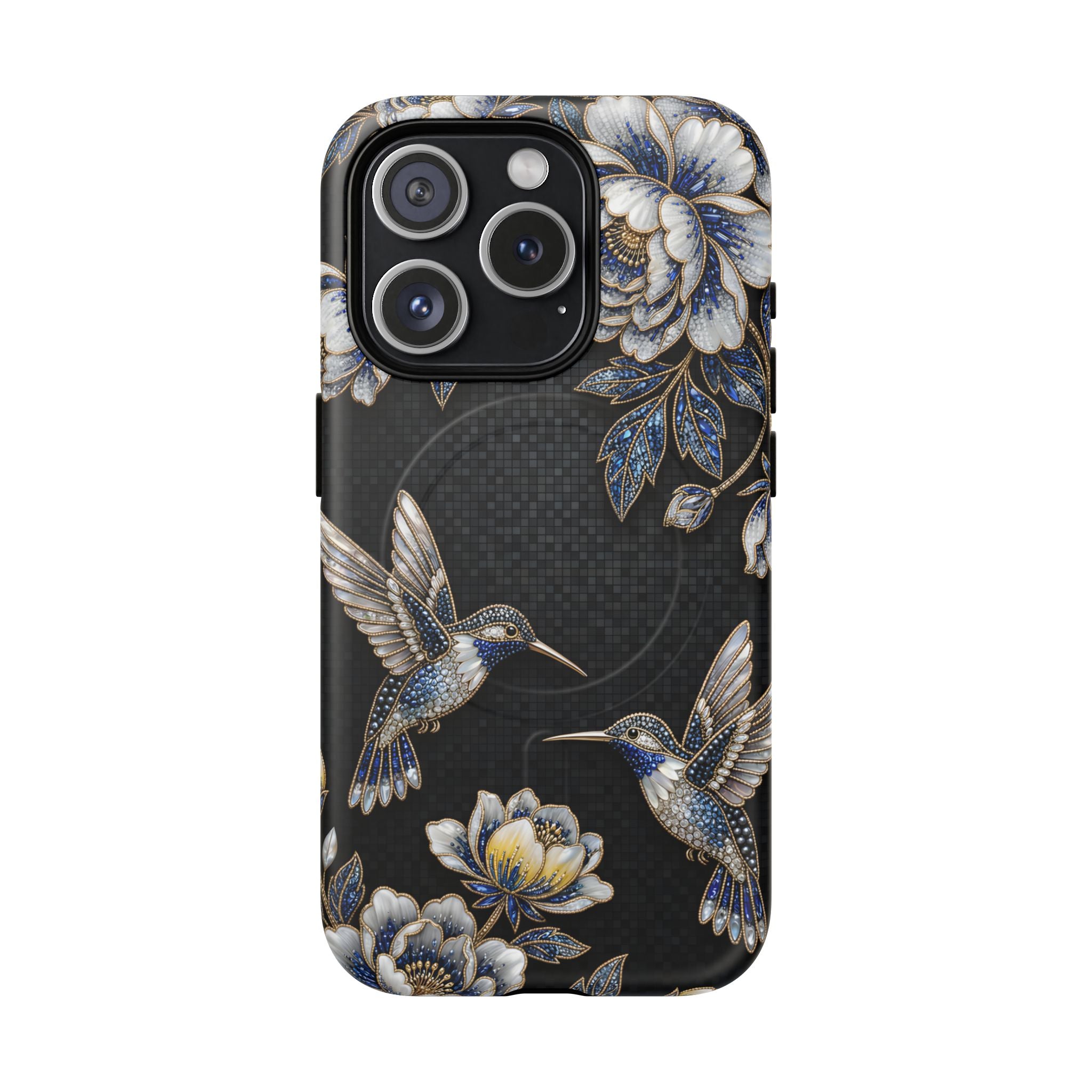 Hummingbird & Peony Floral MagSafe iPhone Case | Elegant Black Protective Cover