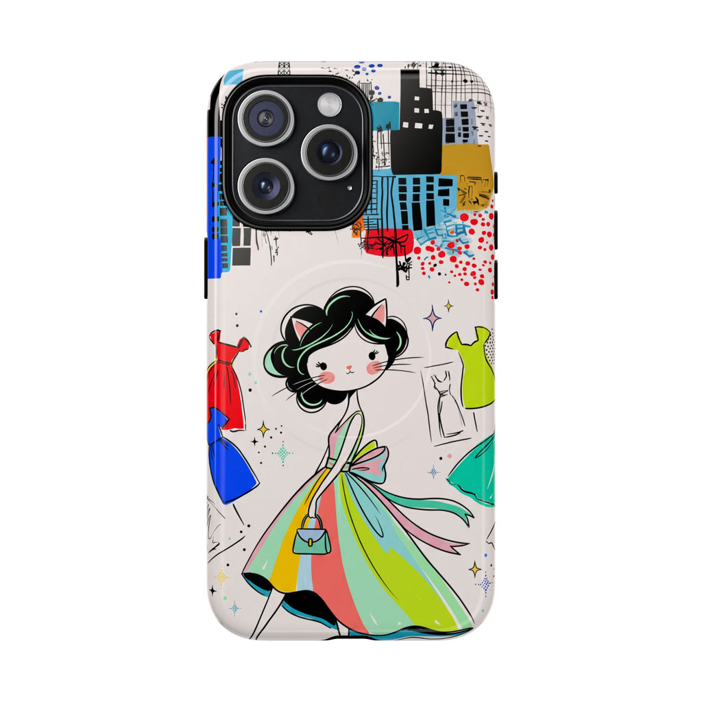 Retro Fashion Cat Girl MagSafe iPhone Case | Cute Dress & City Print