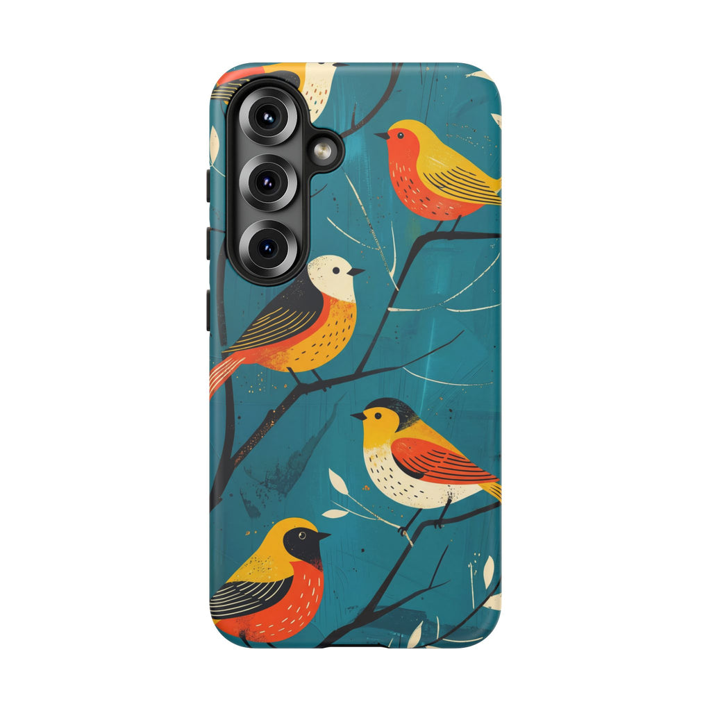 Bird Pattern Tough Samsung Galaxy Phone Case | Colourful Songbirds on Teal Background