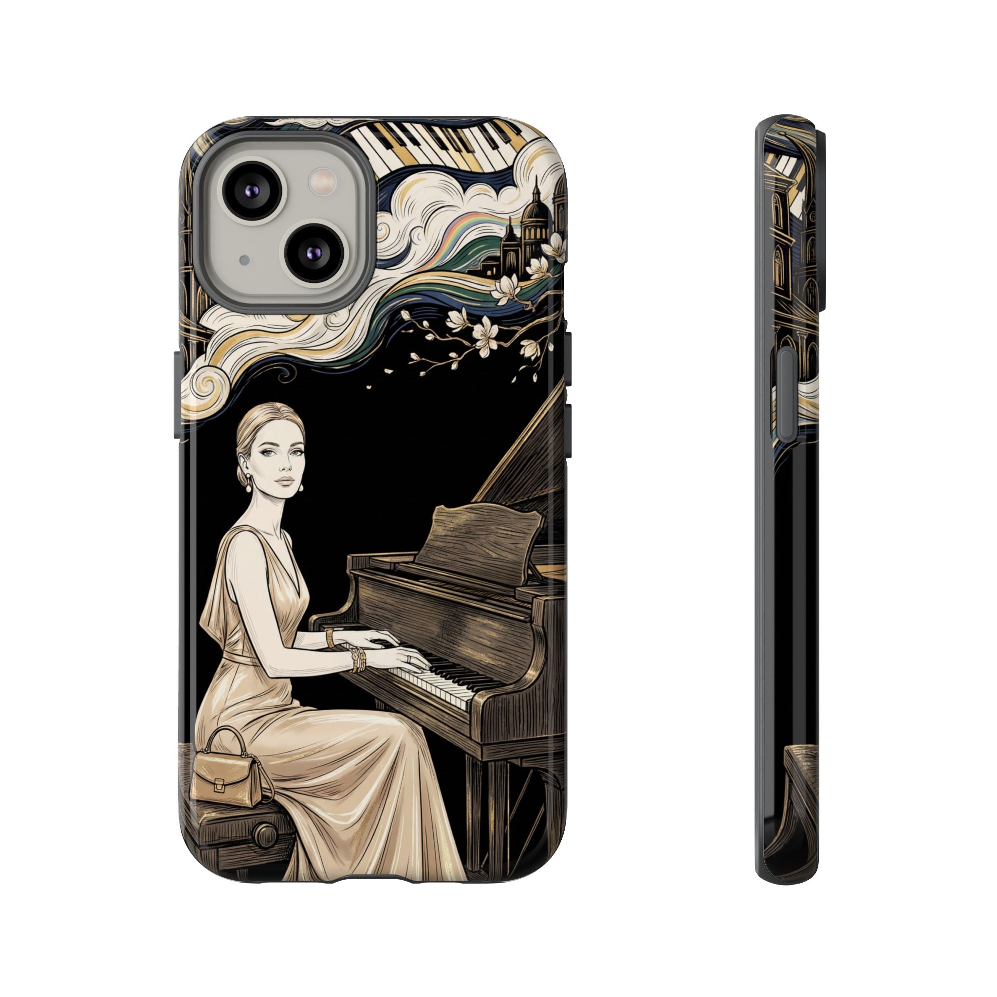 Elegant Piano Woman iPhone Case | Vintage Art Deco Music Design