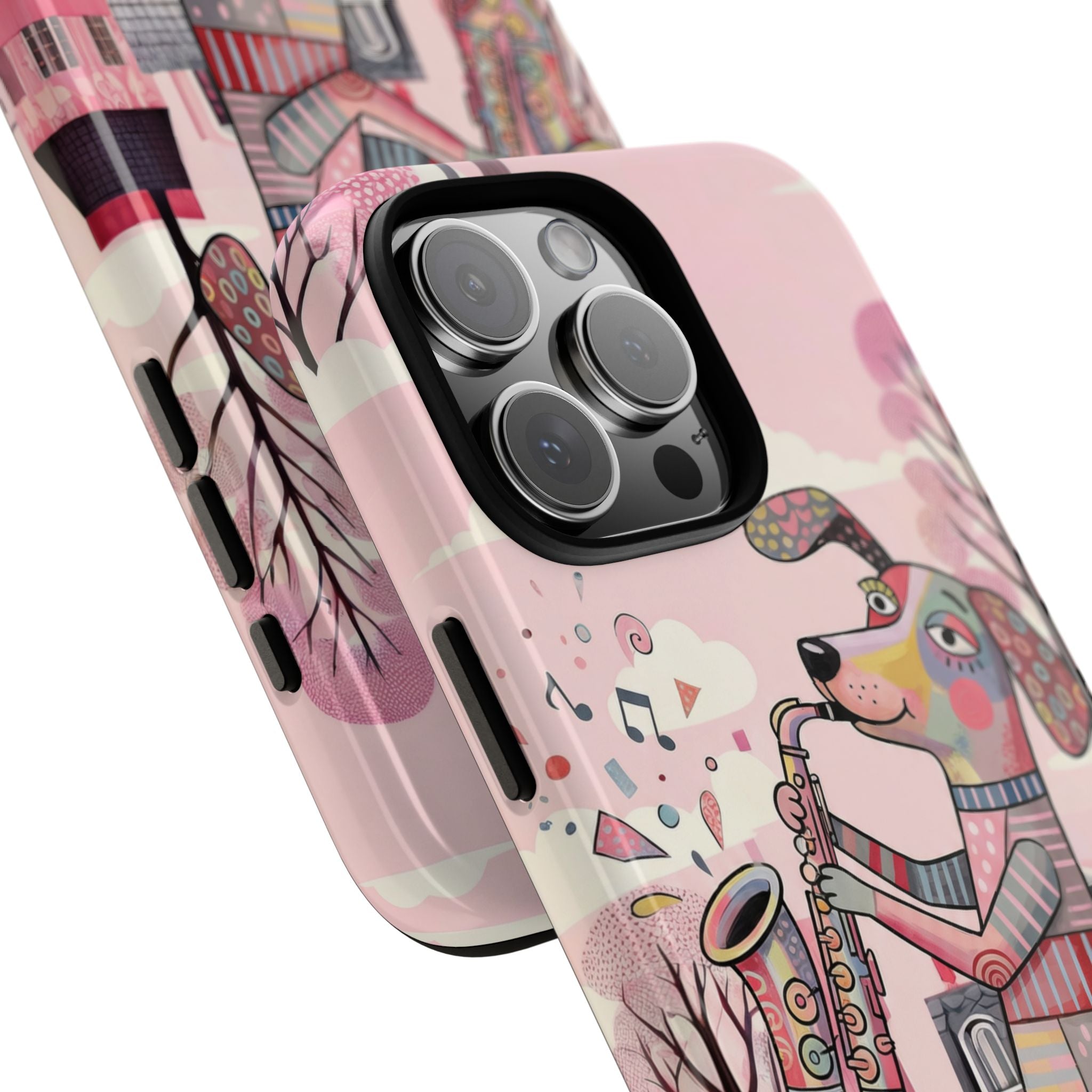 Saxophone Dog iPhone Case | Cute Pink Musical Art Protective Case
