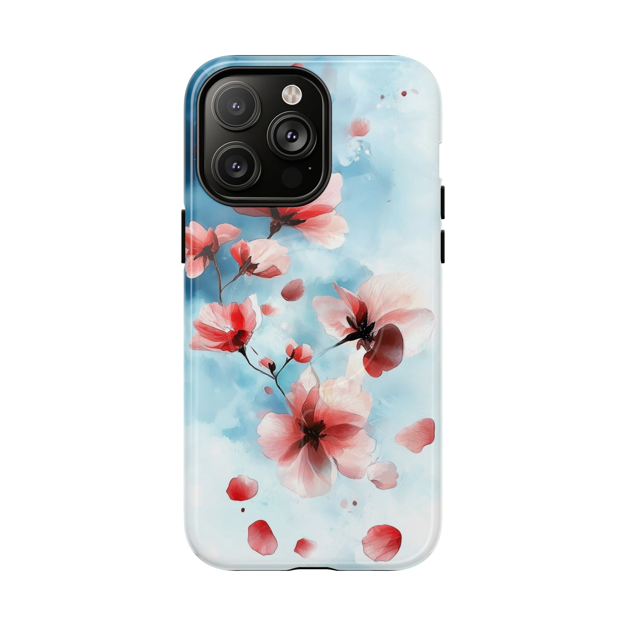 Custodia MagSafe per iPhone con motivo floreale di ciliegio | Rosa pastello e blu