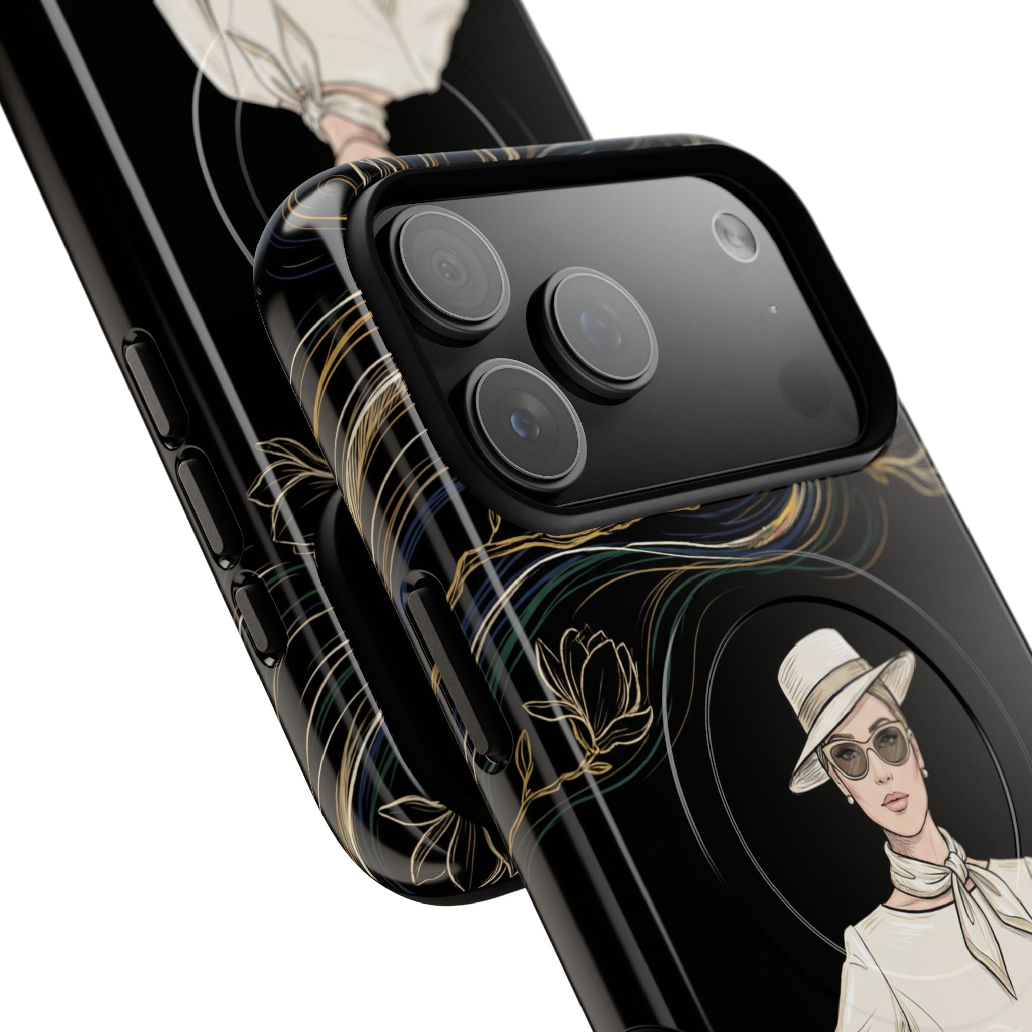 MagSafe iPhone Case | Elegant Vintage Lady with Gold Floral Swirls