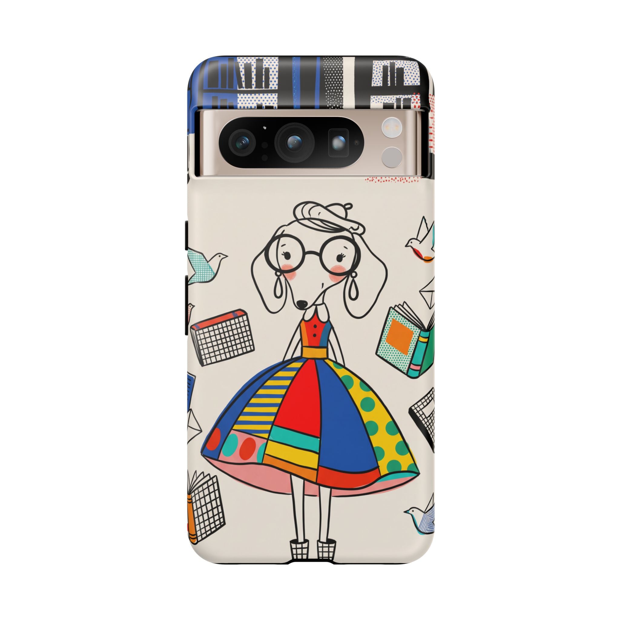 Cute Dachshund Dog Illustration Google Pixel Phone Case | Colorful Whimsical Book & Bird Design
