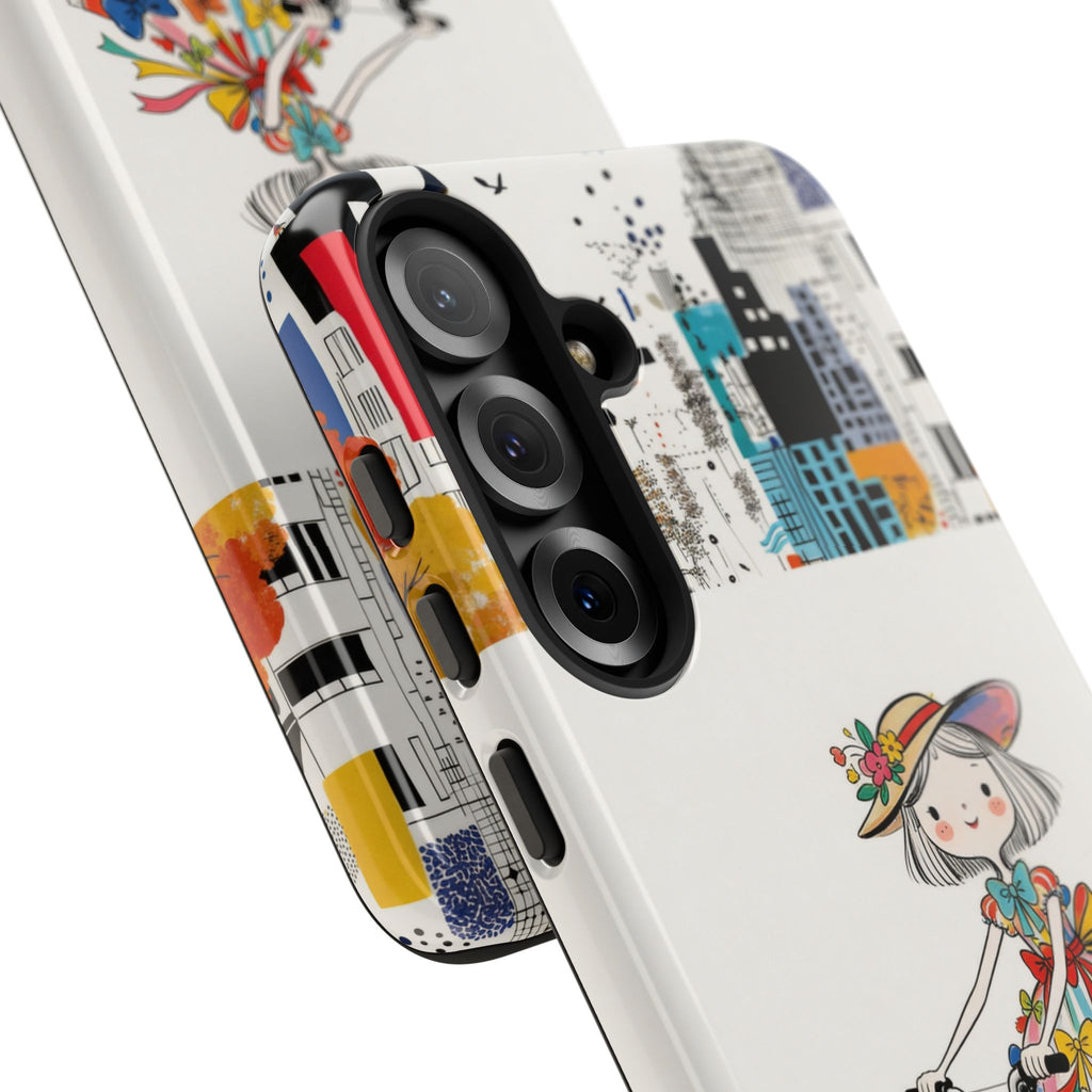 Whimsical Girl on Brompton Bicycle Urban Illustration Samsung Galaxy Phone Case