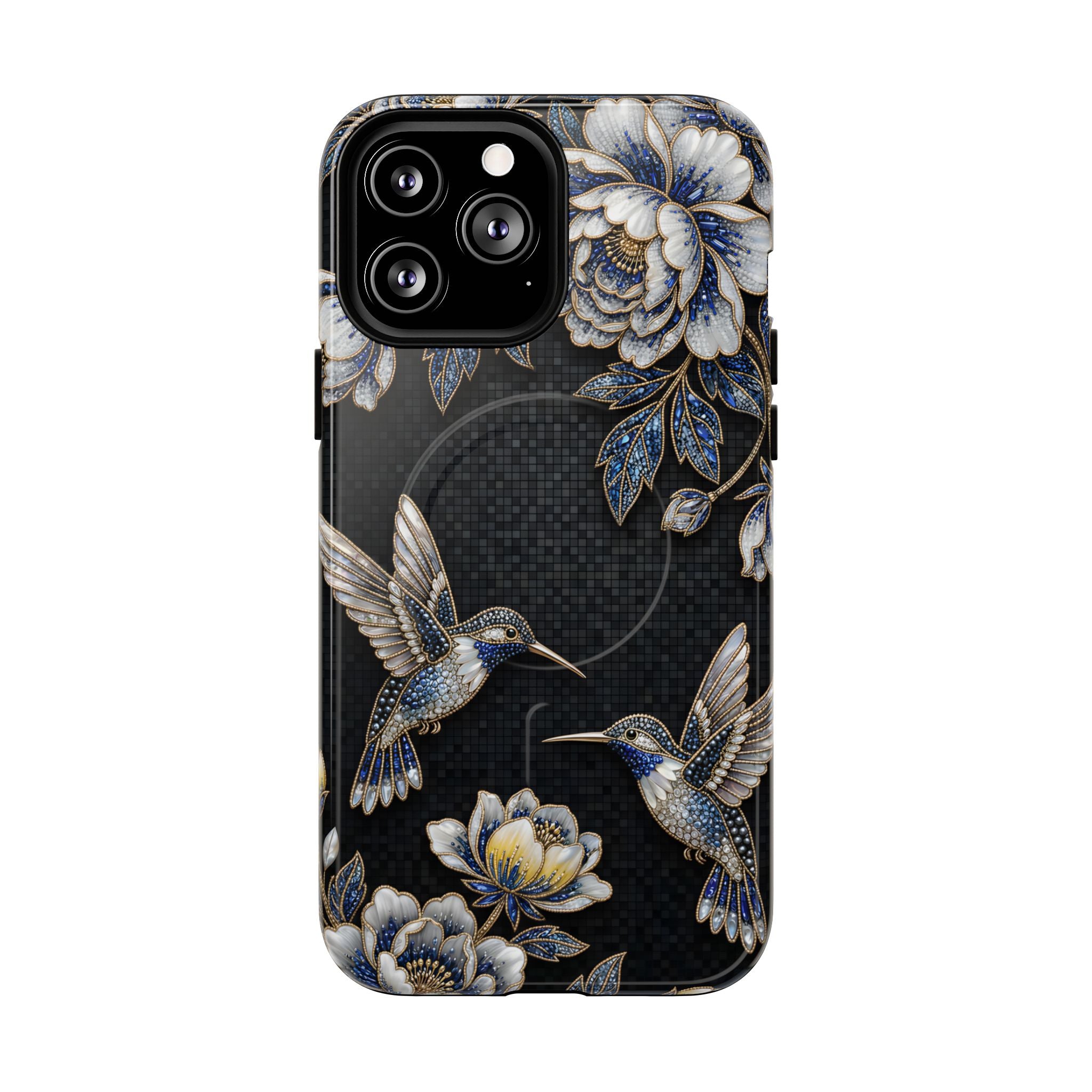 Hummingbird & Peony Floral MagSafe iPhone Case | Elegant Black Protective Cover