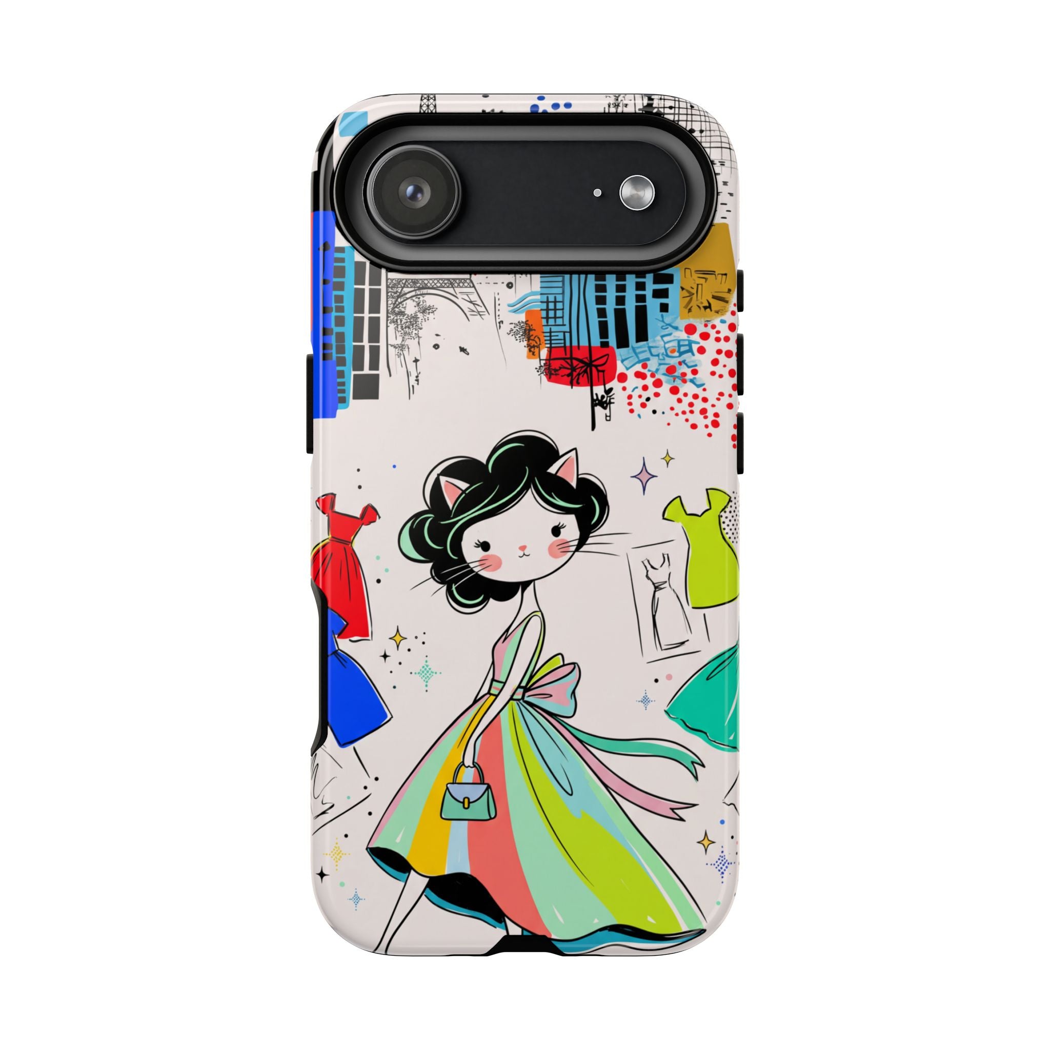 Retro Fashion Cat Girl iPhone Case | Cute Dress & City Print